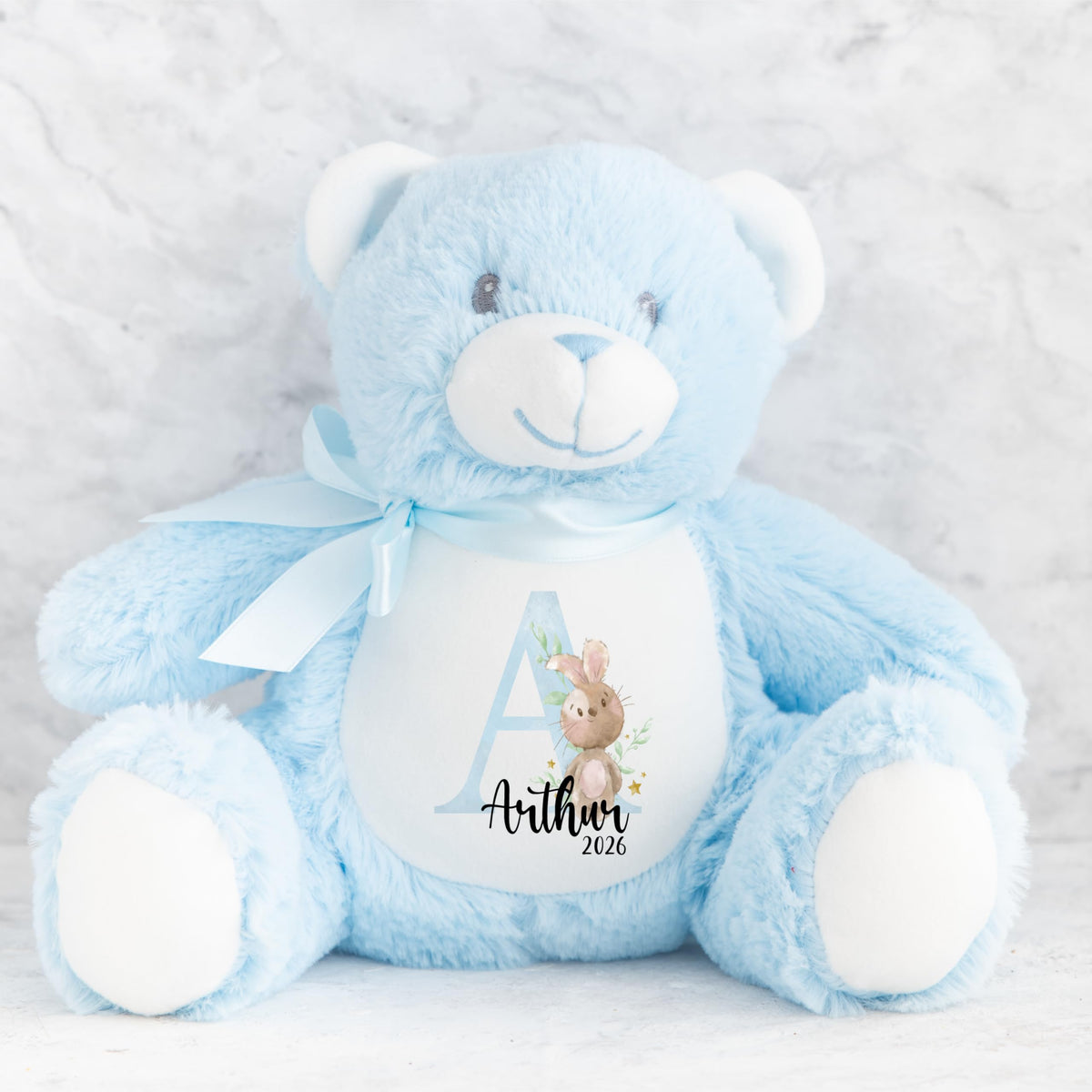 Crafted Memories - Personalised Teddy | Velveteen Bunny Soft Toy | Customisable Name for Newborns | Keepsake for Boys & Girls | Baby Shower Item | Pink Initial | Grey or White, 20-23cm