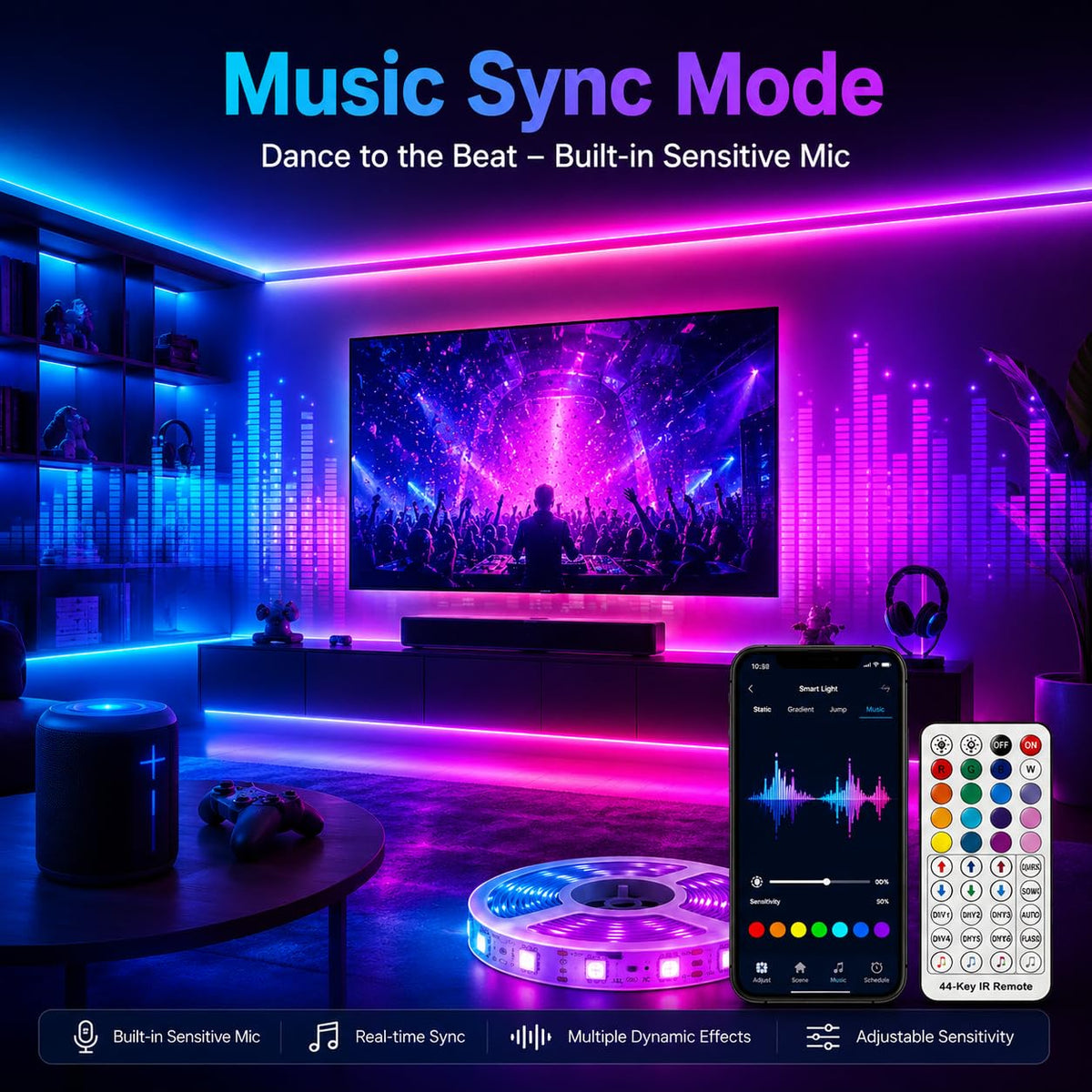 20M RGB LED Strip Lights for Bedroom, Music Sync Colour Changing LED Tape with Bluetooth App & Remote, 16M Colours, Dimmable, Timing Mode, Self-Adhesive for Home Party Kitchen Christmas Decor