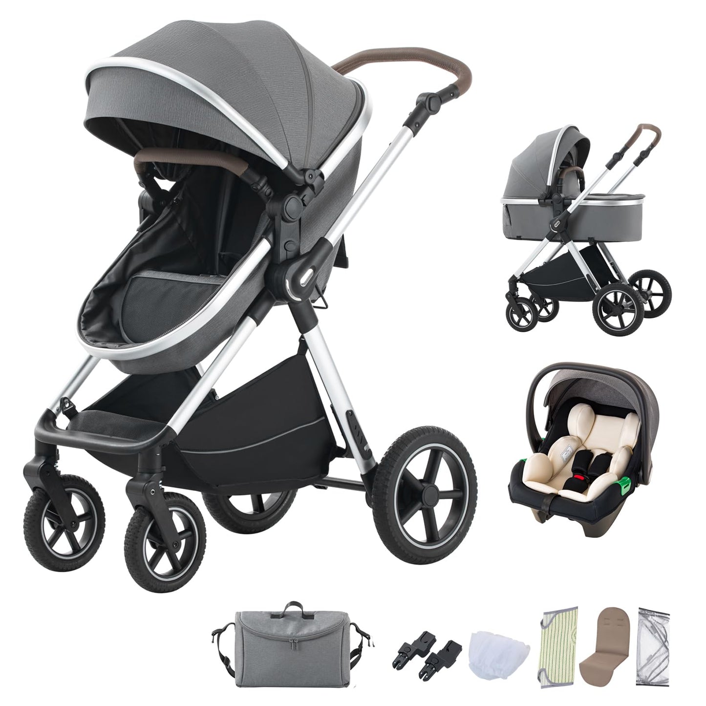 BEBBY Stroller 3-in-1 Baby 3 in 1 with Seat with Foldable Aluminium Frame, Compact Stroller with Adjustable Armrests, Combined Strollers,High Landscape Travel Pushchair (gen-H9-PINK, H9)