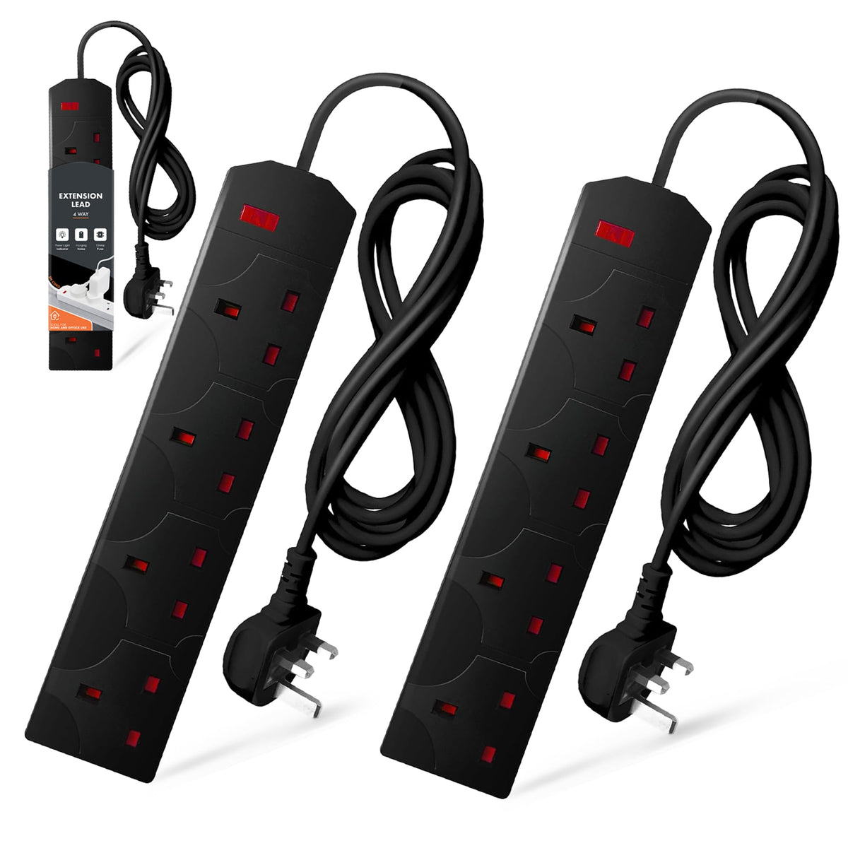 Wolf Power 4 Way Extension Lead, 2 Metre Extension Cable with UK 3 Pin Plug, Multi Socket Power Strip, Wall Mountable, Suitable for Home, Office & Appliances (Black, 1 Pack)