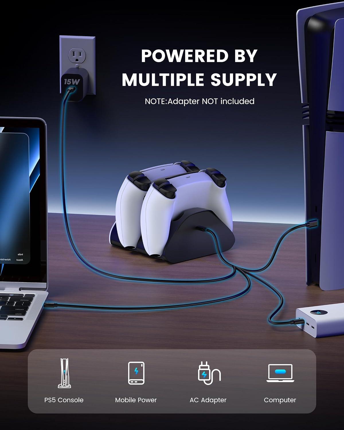 HELLCOOL PS5 Charging Charger for DualSense & Edge, Fast Charge 2 Controllers Simultaneously, Drop&Go No Alignment, LED Indicator with Touch Off, Smart Safety Protection, with 1m USB-C Cable
