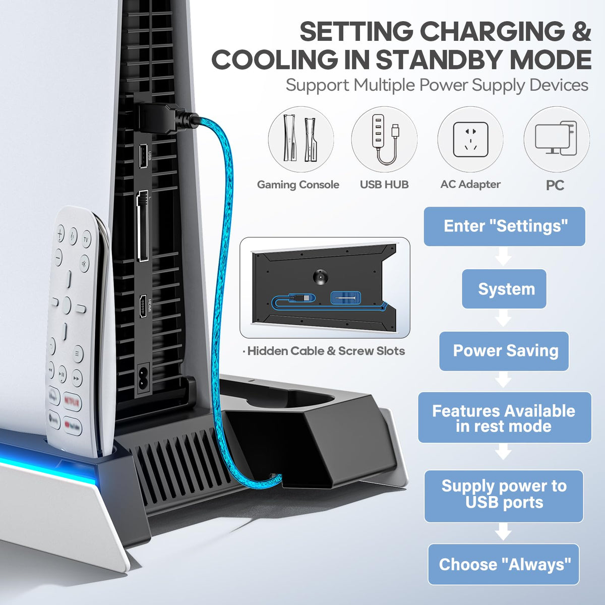Rysker PS5/Slim/Pro Stand, PS5 Cooling Station Built-in 3-Level Cooling Fan & Fast Charger for Disc & Digital, PS 5 Accessories with Safety Screw and Headset Holder