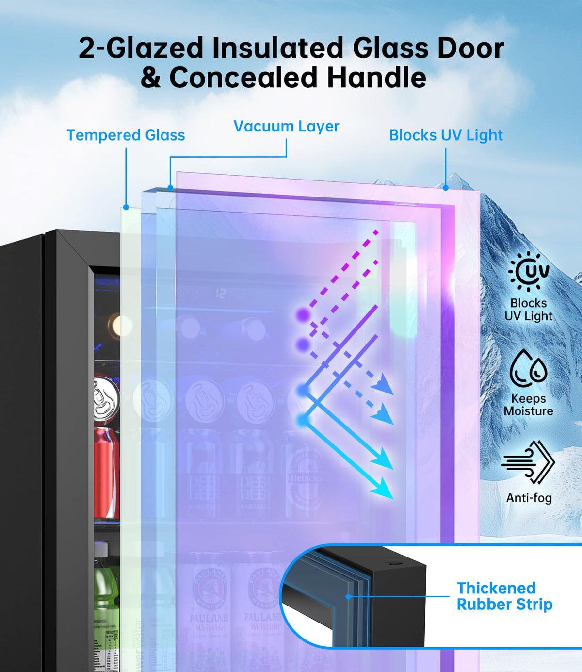 WIE 48L Drinks Fridge with Glass Door, Beer Fridge for 68 Cans or 12 Wine Bottles, Mini Fridge 4-16°C Touch Control, Quiet Beverage Refrigerators with LED Light, Reversible Door for Home, Bar, Office