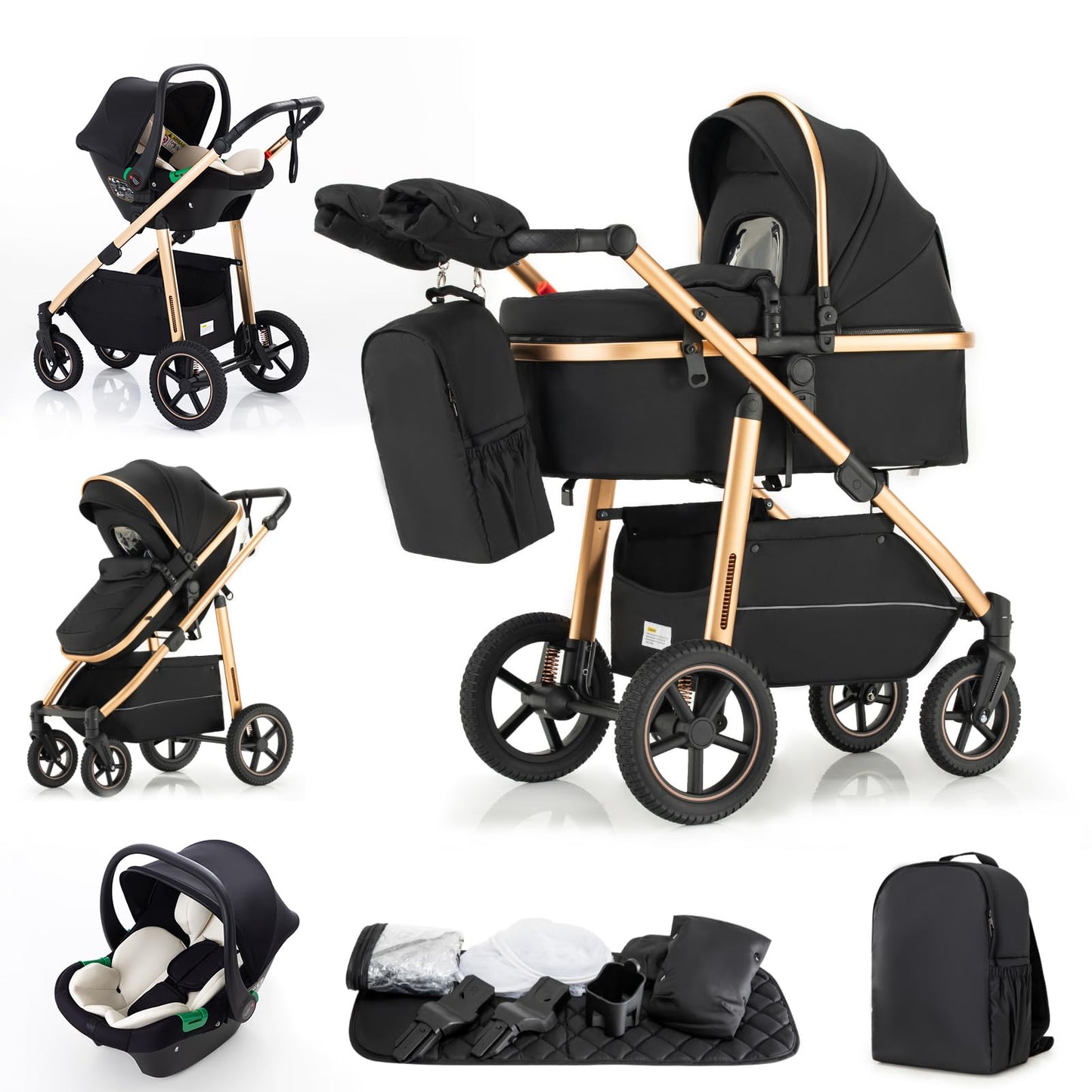 Zkipm Baby Buggy, Baby Pram, Pushchair with Seat, 3 in 1 Travel System, Foldable and Reclining Stroller, Prams with Backpack, Rain Cover, Mosquito Net, Aluminium Frame, 0-4 Years, Up to 22 kg Green