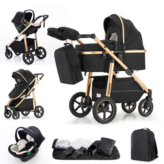 Zkipm Baby Buggy, Baby Pram, Pushchair with Seat, 3 in 1 Travel System, Foldable and Reclining Stroller, Prams with Backpack, Rain Cover, Mosquito Net, Aluminium Frame, 0-4 Years, Up to 22 kg Green