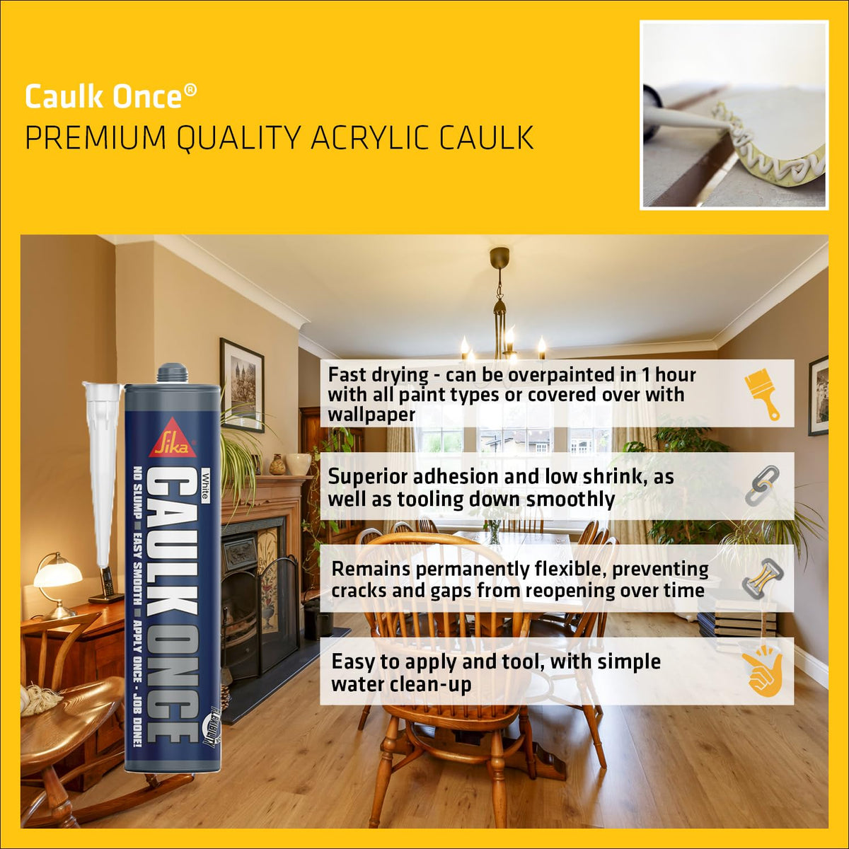Sika Caulk Once Premium Quality Acrylic Caulk – Highly Flexible – Fast Drying – White – 295ml