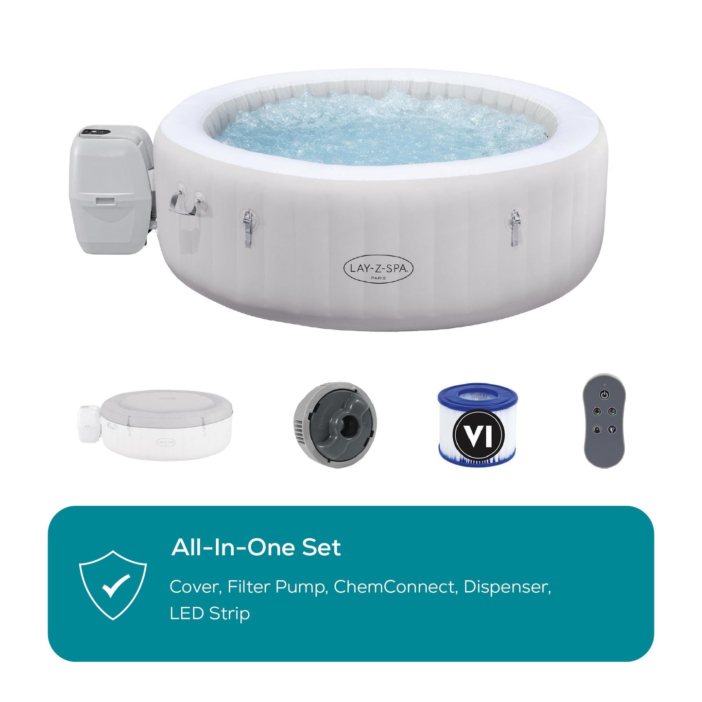 Lay-Z-Spa Paris Luxe AirJet Inflatable Hot Tub with 140 AirJets, LED Lighting System, FreezeShield, Energy-Saving Timer & Ultra-Durable TriTech Construction, Fits Up to 6 People