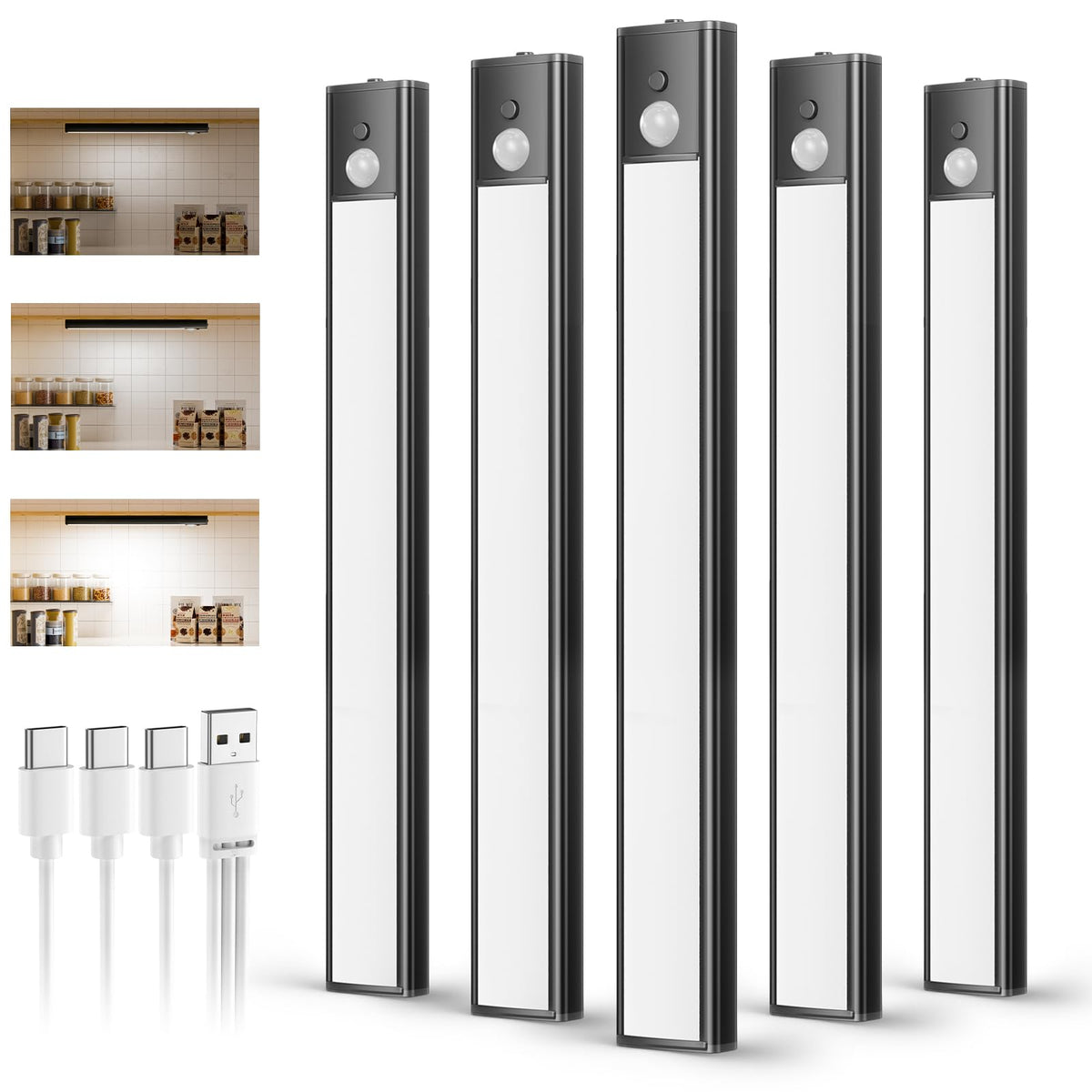 daphomeu 5 Pack Rechargeable Under Cupboard Kitchen Lights, 20CM Dimmable Warm Cabinet Light, LED Motion Sensor Lights Indoor, Magnetic Stick Light for Kitchen Shelf Stairs Wardrobe