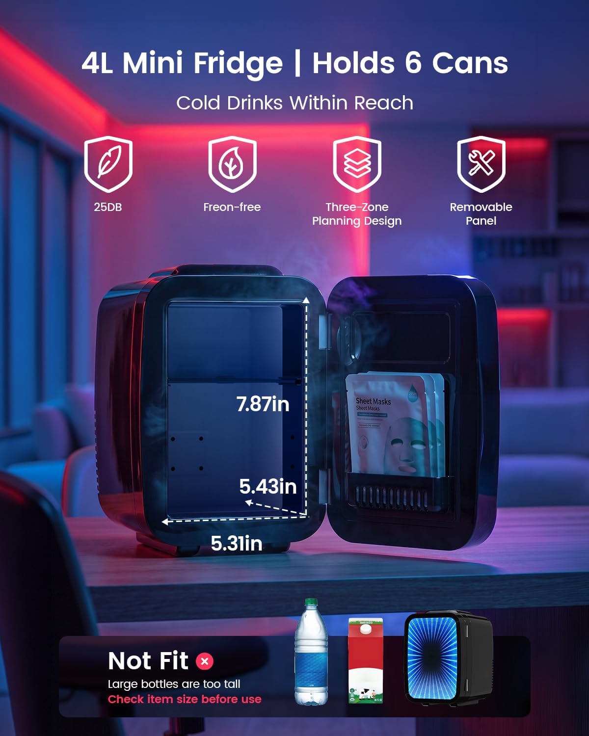 Mini Fridge, 4 Litre/6 Can Small Fridge with Dimmable LED Light, AC/DC Portable Mini Cooler and Warmer, Gaming Fridge for Bedroom, Office, Games Room and Car Great Gift for Teens
