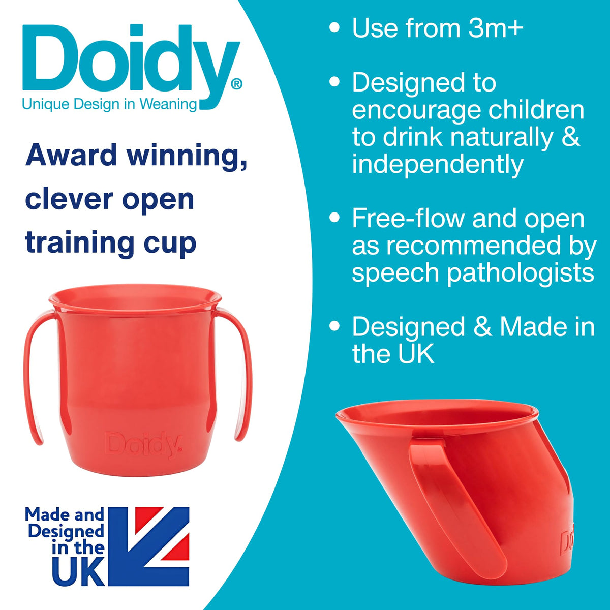 Doidy Cup, Open Cup for Training Baby 6 Months-3 Years, 200ml, Slanted Weaning Cup with Handles for Learning to Drink, BPA Free, 2 Pack (Orange)