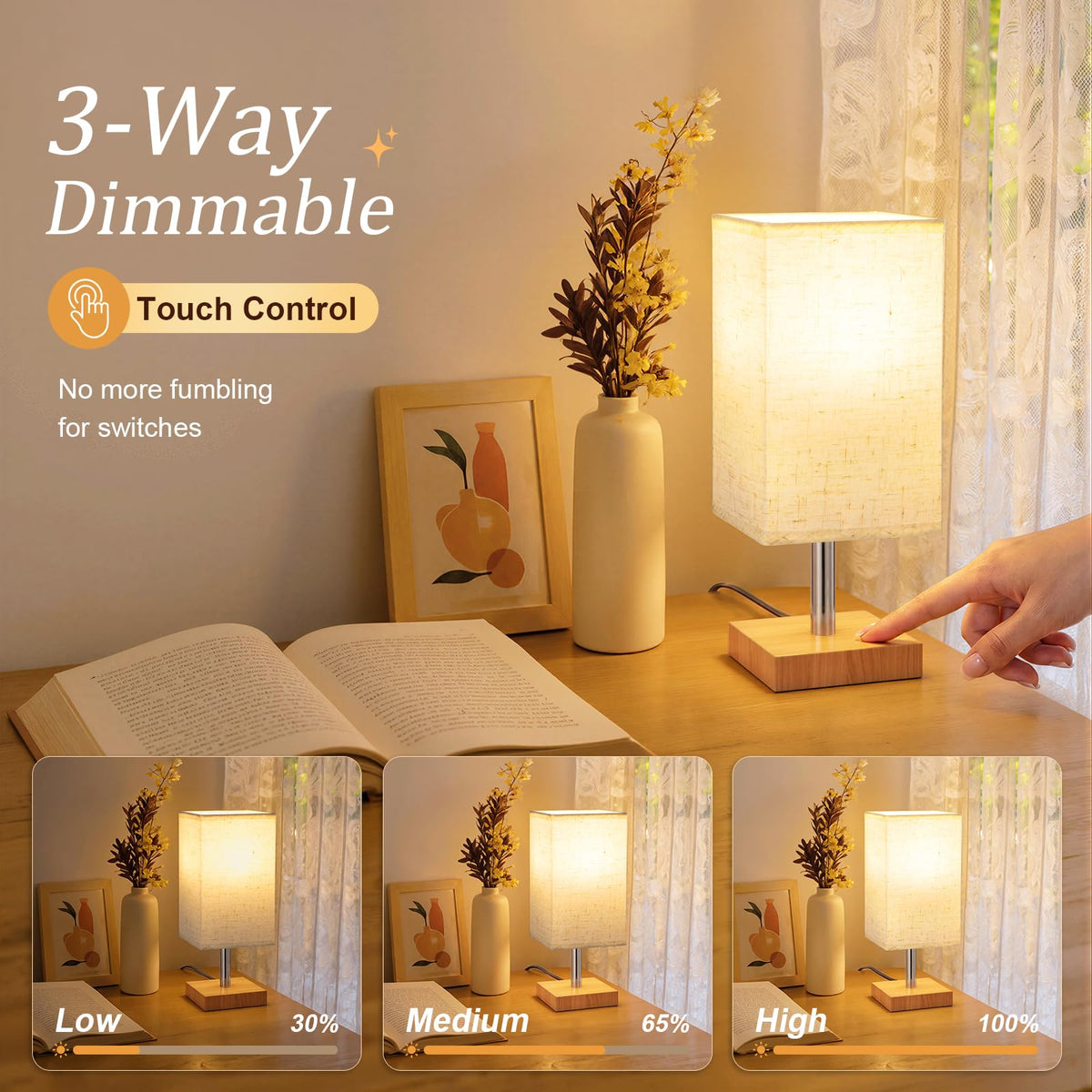 White Table Lamp for Bedroom, Small Bed Lamp with for Bedroom, Silver Base(Bulb Included)