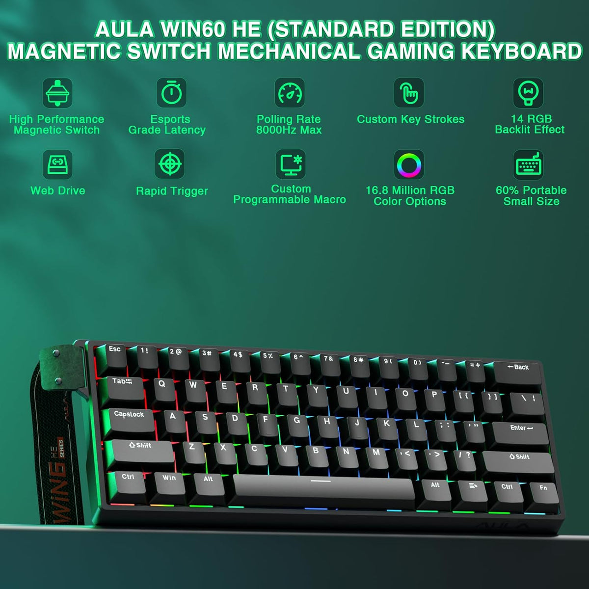 AULA WIN60 HE Mechanical Gaming Keyboard Wired,Hall Effect Magnetic Switches,Adjustable Actuation Rapid Trigger,8K Polling Rate,RGB Backlight,60% Percent Keyboard for Mac/Win (BLACK) (Pack of 2)