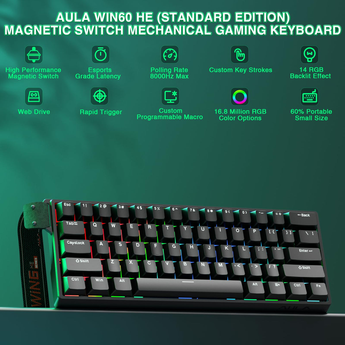 AULA WIN60 HE Mechanical Gaming Keyboard Wired,Hall Effect Magnetic Switches,Adjustable Actuation Rapid Trigger,8K Polling Rate,RGB Backlight,60% Percent Keyboard for Mac/Win (BLACK) (Pack of 2)