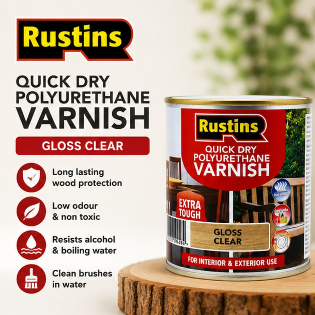 RustinsQuick Dry Poly Varnish Satin Clear 500ml -Tough, Water-Based Clear Finish in Gloss, Matt or Satin; Durable Protection for Interior Wood, Furniture and Floors