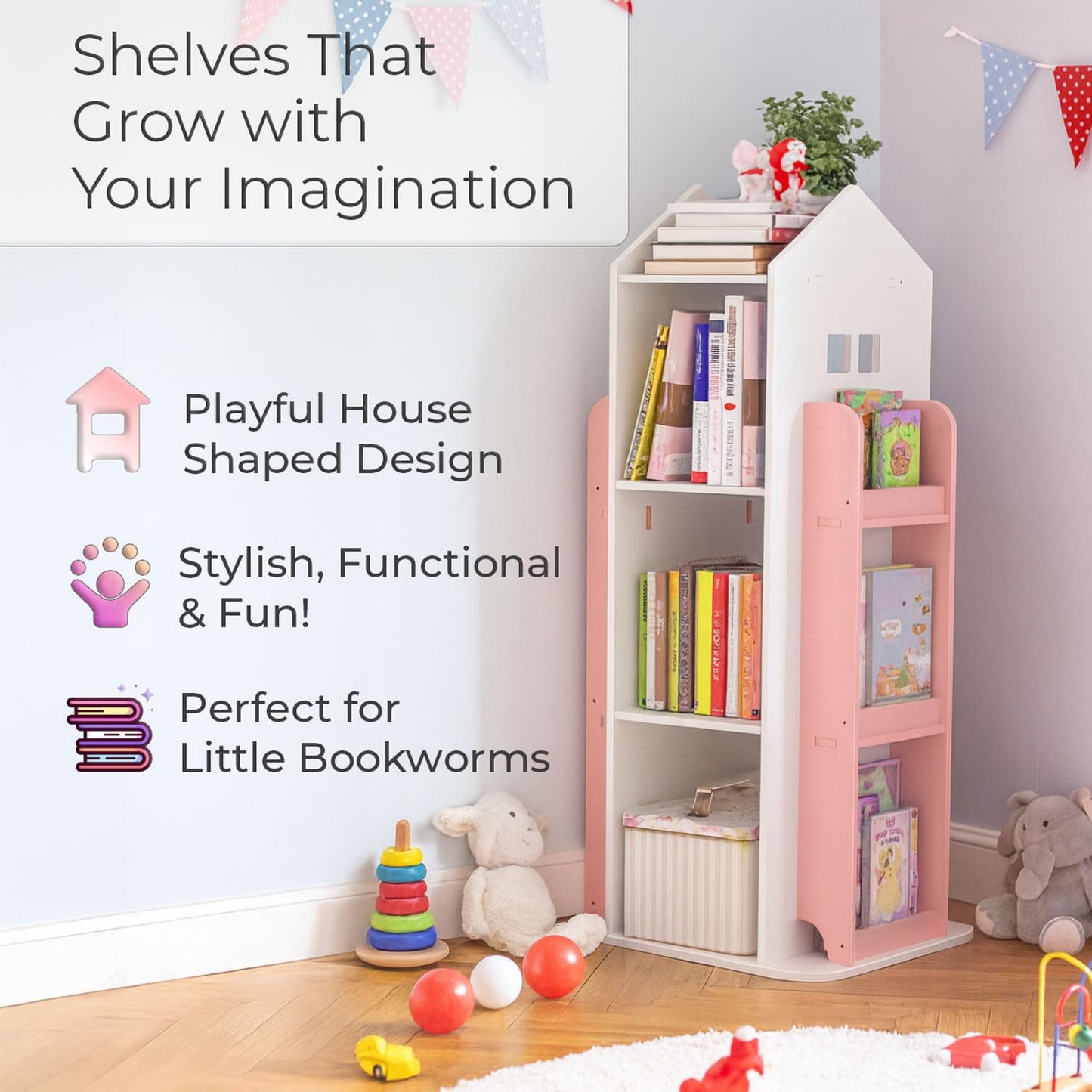 Neo House Shaped 360° Rotating Kids' Children's Freestanding Bookshelf Bookcase 10 Shelf Shelve Space‑Saving Design (White)