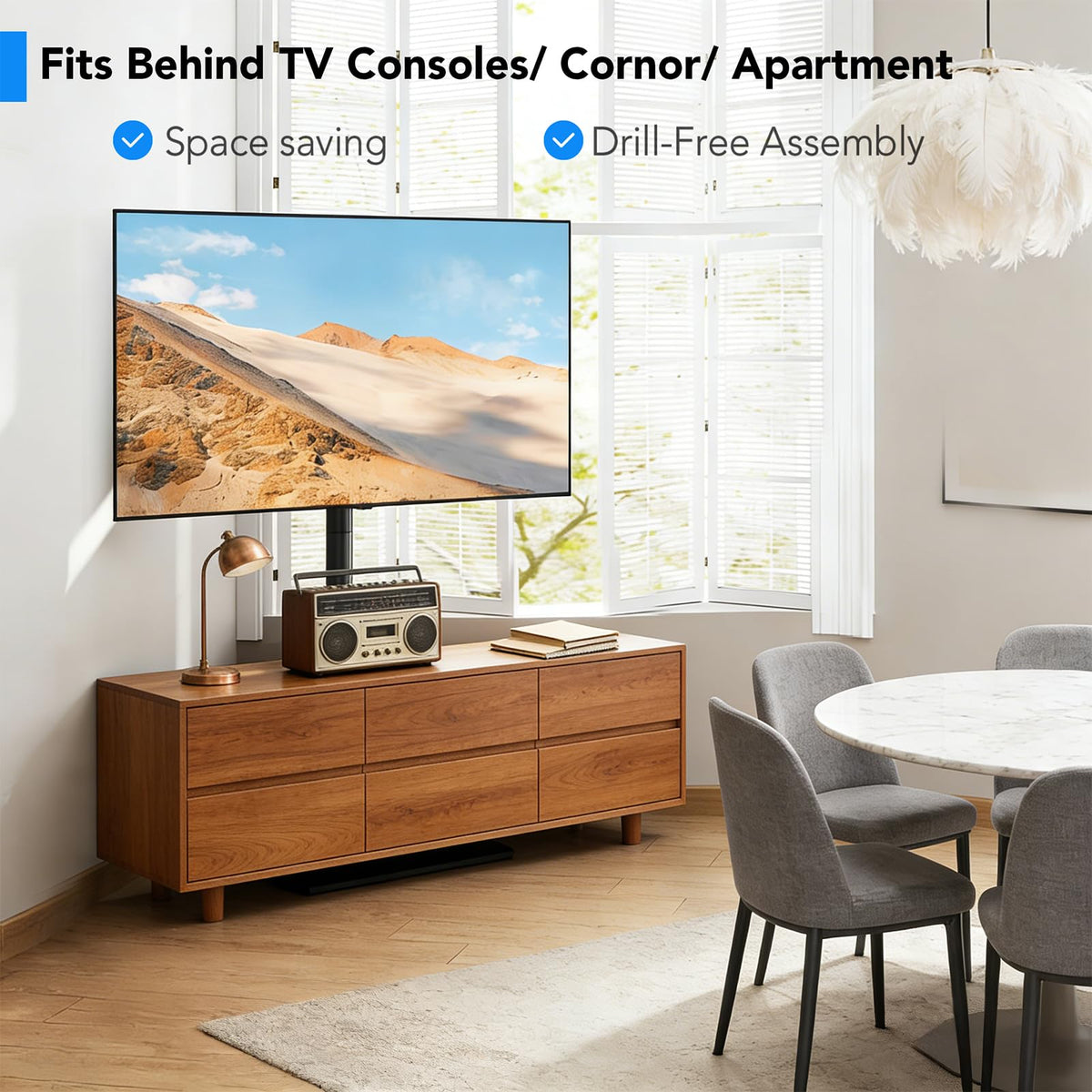 Floor TV Stand with Mount for 26-55 inch TVs up to 35 kg, Height Adjustable Swivel Tilt TV Stand with Wood Base & Shelf, Saving Space Design for Bedroom, Living Room and Corner, White