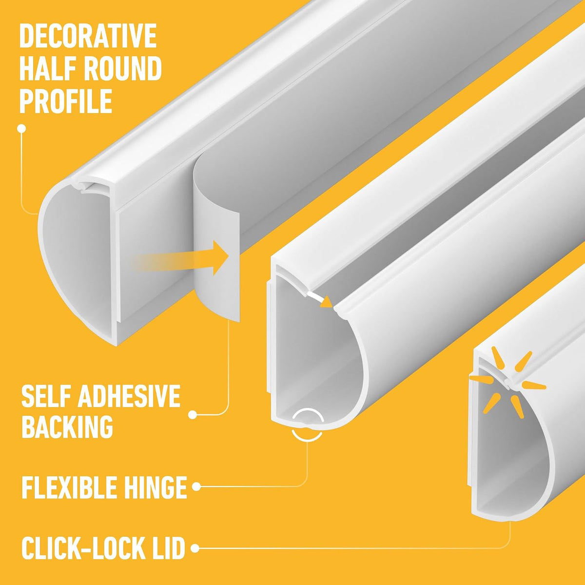 D-Line 30x15mm Cable Trunking 4m Multipack, Half Round Profile, Self-Adhesive Wire Cover, Paintable Cable Management - 10x 30mm (W) x 15mm (H) x 40cm Lengths and Accessories - White