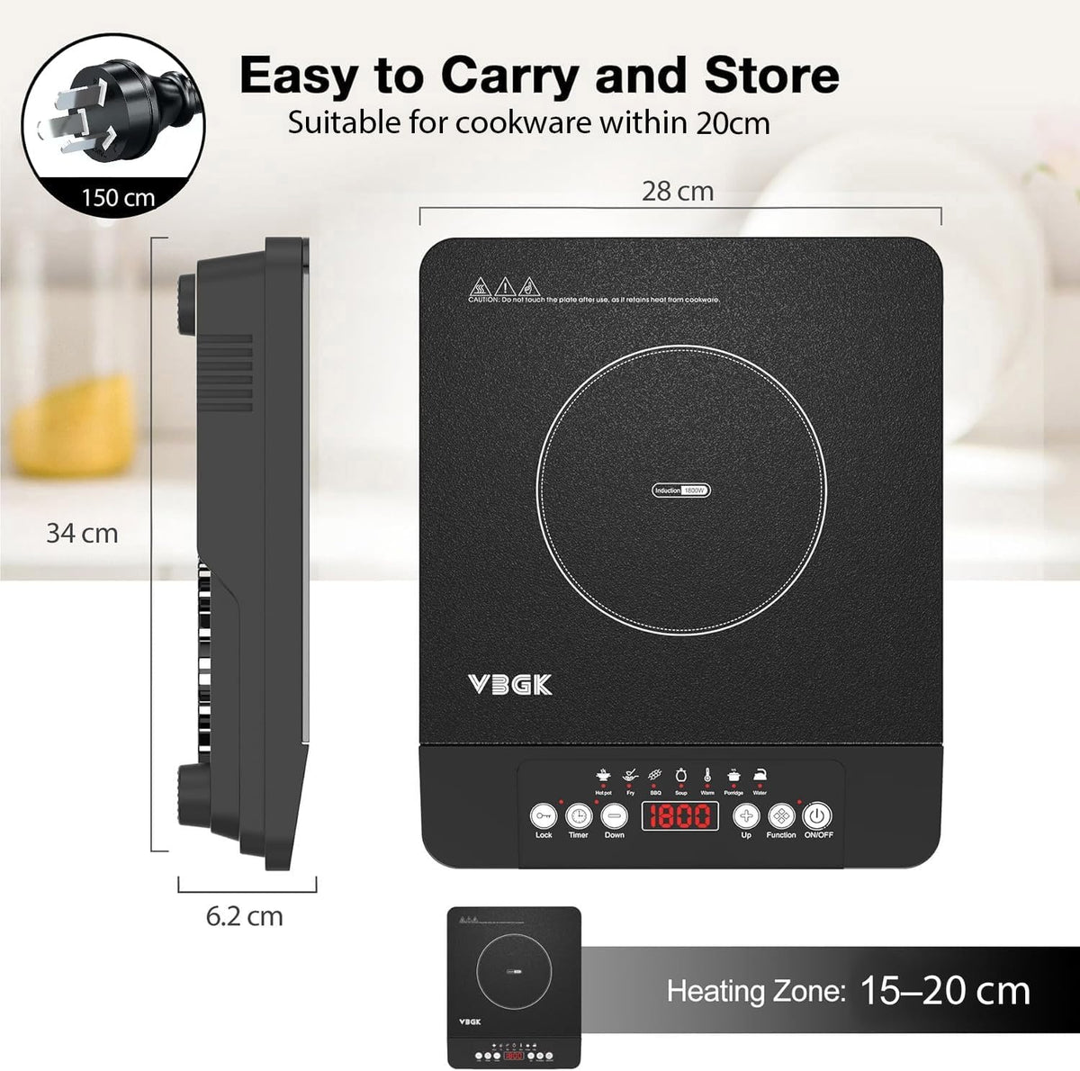 VBGK Double Electric Hob, 220V 3600W Ceramic Hob with Handle, Electric Hot Plate with 9 Power Levels, Child Safety Lock, Timer,Knob and Touch Control, 2 Burner Cooktop