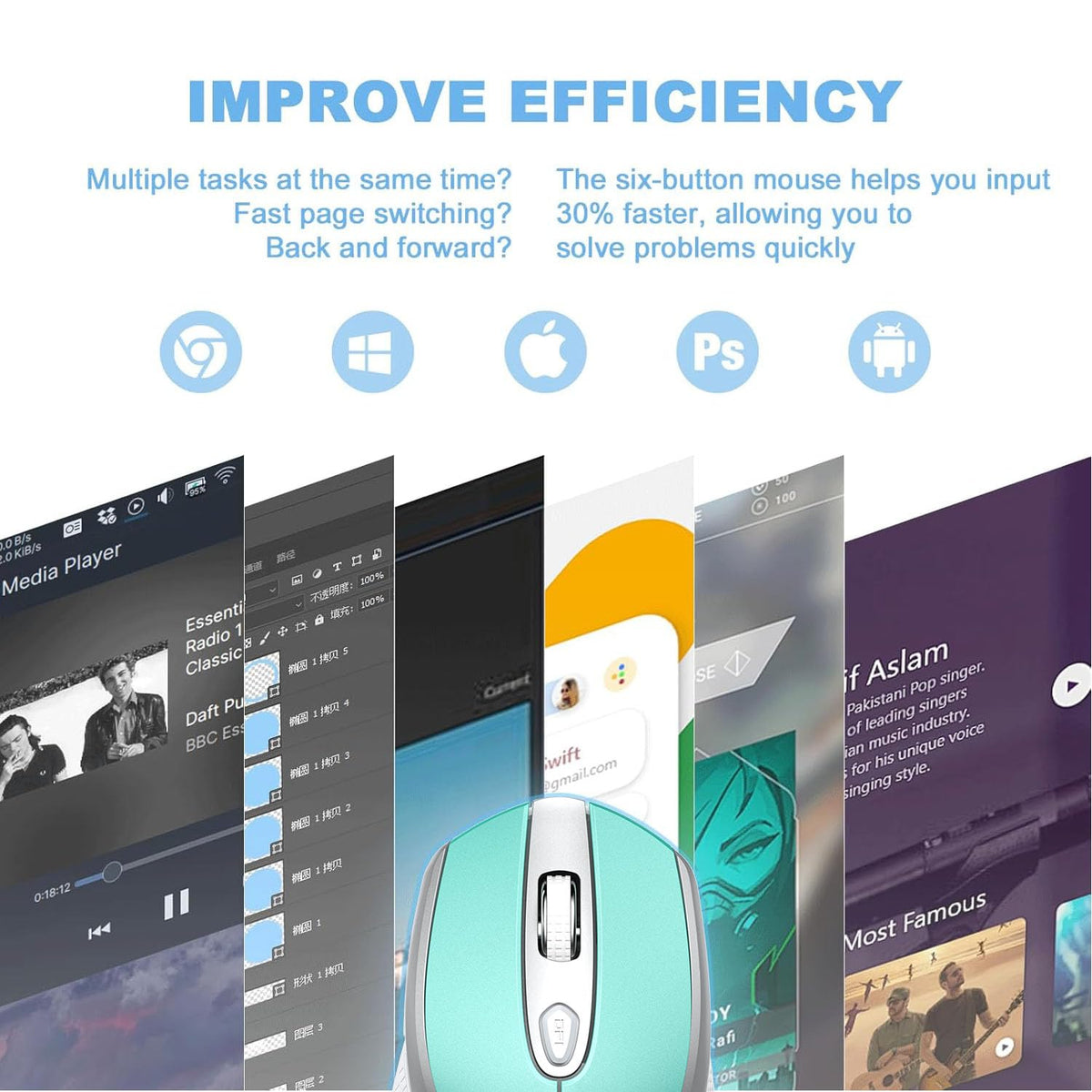 cimetech Wireless Mouse for Laptop, Portable Slim Silent Design for Left & Right Hand Users, Storable Nano Receiver, 800-1600 DPI, 2.4G Compact Computer Mice for MacBook, PC, Windows, Chromebook