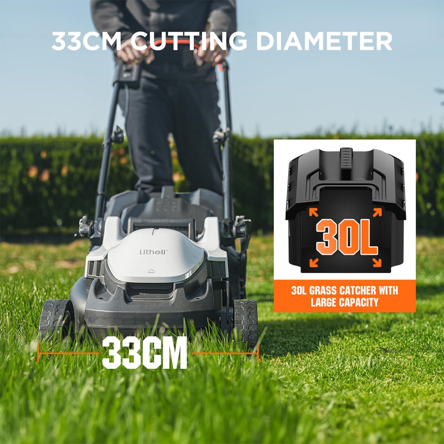 Litheli Cordless Lawnmower, 20V/33cm Cutting Width, Brushless Motor, Battery Lawn Mower, 5 Cutting Heights, 30L Grass Box, Incl. 4.0Ah Battery