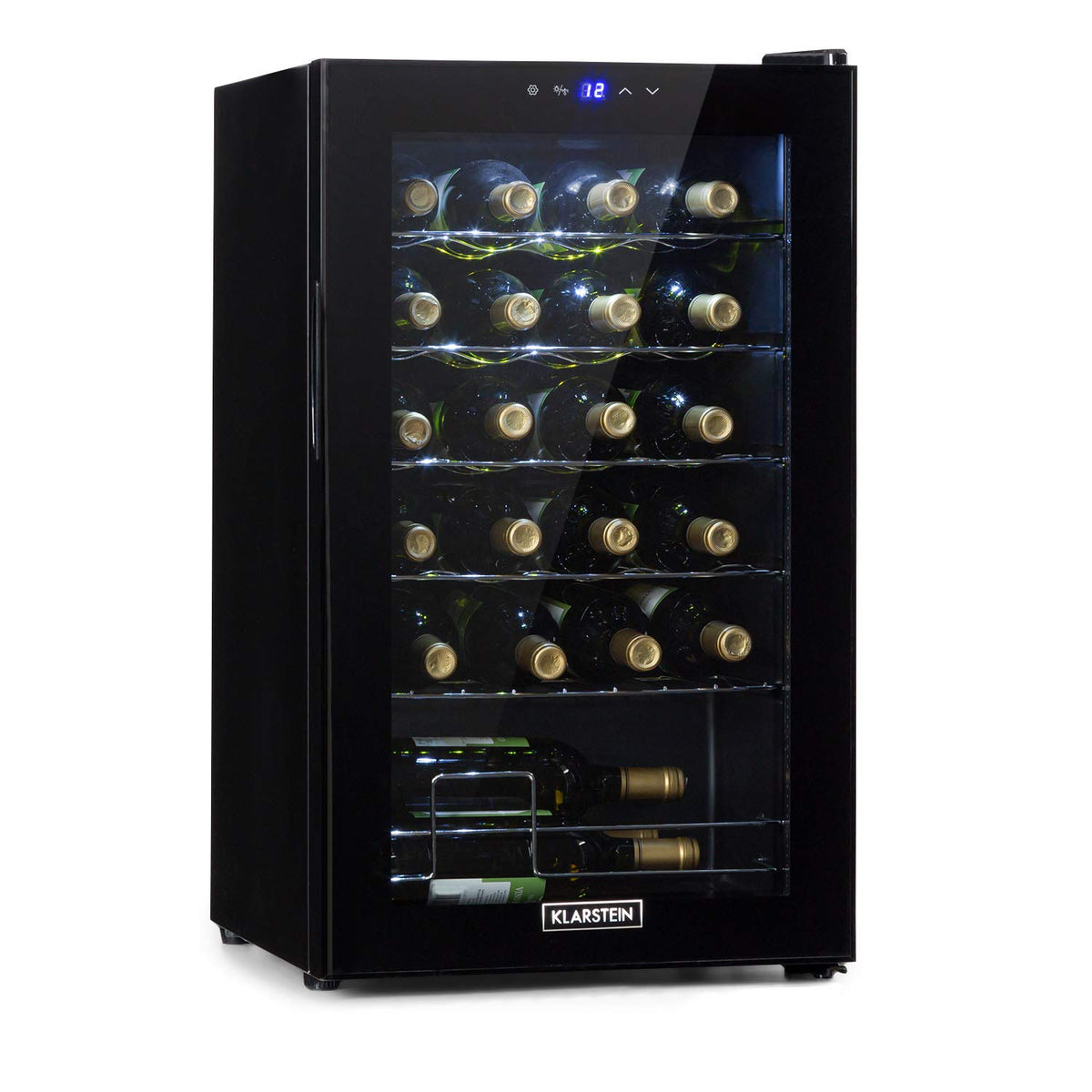 KLARSTEIN Shiraz Wine Cooler Black – 8 Bottles, 1 Zone | Freestanding Wine Fridge with Glass Door, Quiet, 5–18 °C, LED, Stainless Steel Frame