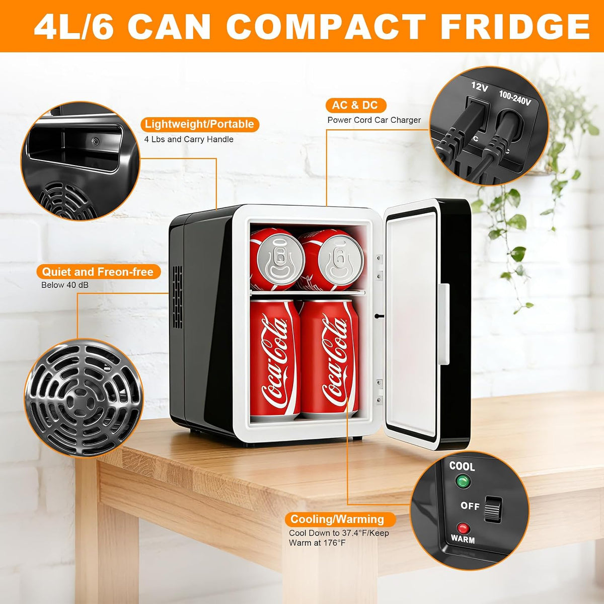 4 Liter/6 Cans Mini Fridge, Mini Compact Refrigerator with Gaming Light