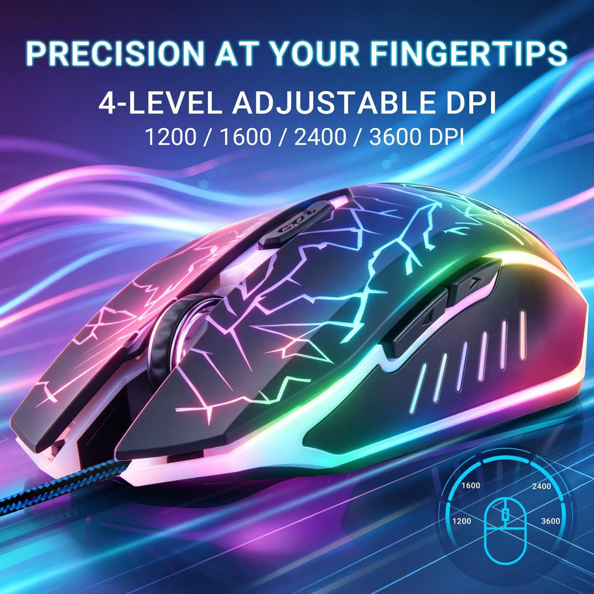 VGUARD Wired Gaming Mouse, 3600 DPI Optical Sensor, RGB Backlit Ergonomic USB PC Mice with 6 Programmable Buttons, 7 Colors LED, Professional Gamer Mouse for Laptop, Computer, Windows/Mac