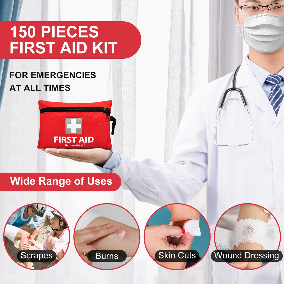 General Medi Mini First Aid Kit, 92 Pieces Small First Aid Kit - Includes Emergency Foil Blanket, Scissors for Travel, Home, Office, Vehicle, Camping, Workplace & Outdoor (Red)
