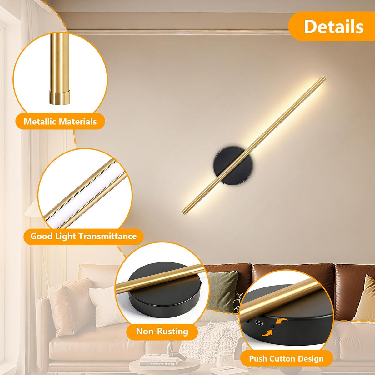 Dehobo 80CM Rechargeable Wall Lights with 8000mAh for Home Decor, 2 Packs