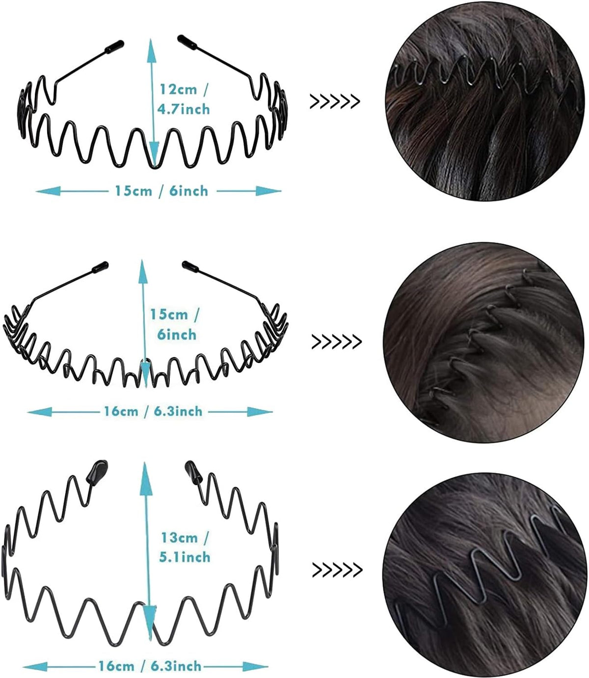 3PCS Metal Hair Bands for Men Non-Slip Black
