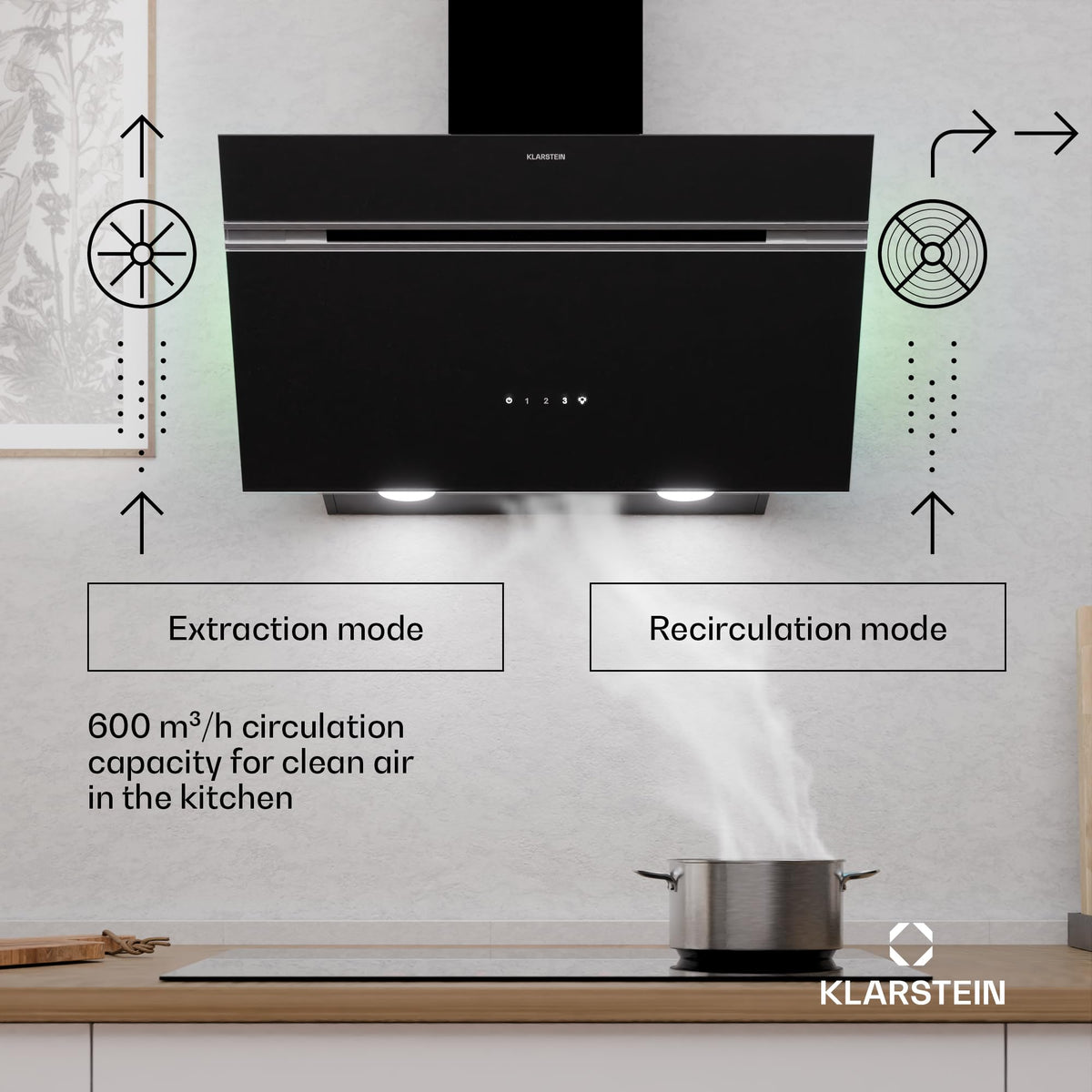 Klarstein Alina 90 Angled Cooker Hood - 615m³/h Air Flow, Touch Panel, LED Backlighting, Quiet 63dB, Energy Class A, 90cm Extractor Hood, Black