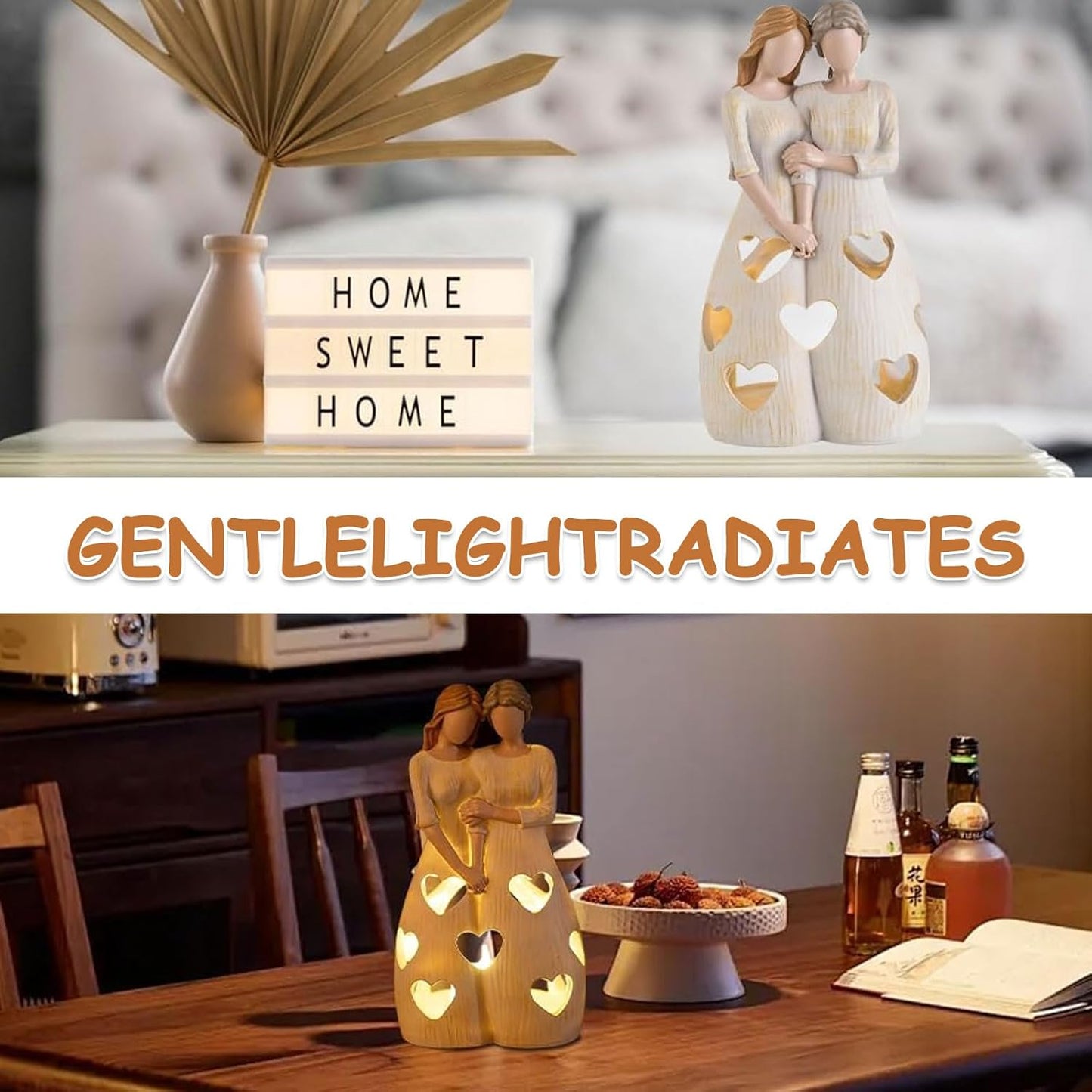 Mother and Daughter Candle Holder Statue, Gift for Mom From Daughter, Figurine Candle Holder with LED Flickering Candle, Resin Statue Ornament, Heartwarming Gift for Mum Birthday ﻿
