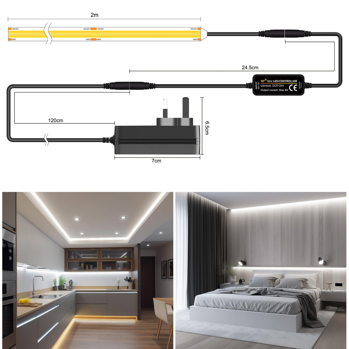 TTWAY COB LED Strip Lights 2700K, Dimmable LED Strip Kit, Super Bright 24V LED Tape Lights CRI90+ with RF Remote and UKCA Power Supply for DIY Home Decoration, 5M, 2400LEDs, Warm White.