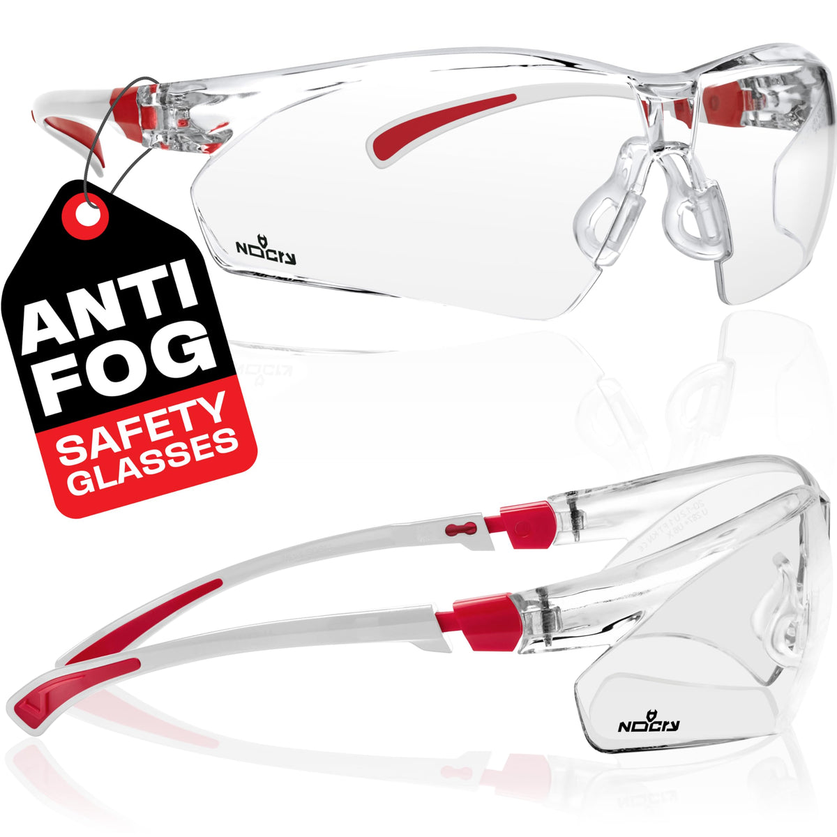 NoCry Clear Safety Glasses for Work with Anti Fog Scratch Resistant Wrap-Around Lenses and Non-Slip Grips, UV Protection. Adjustable Eye Protection Cycling and Squash Glasses with Black & Green Frames