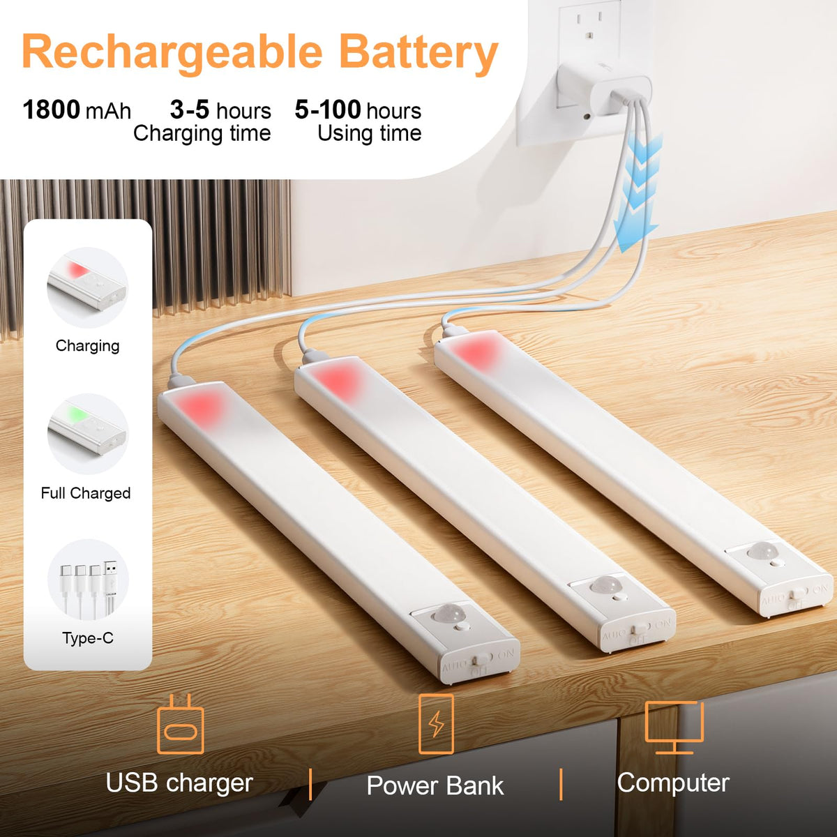 daphomeu 5 Pack Rechargeable Under Cupboard Kitchen Lights, 20CM Dimmable Warm Cabinet Light, LED Motion Sensor Lights Indoor, Magnetic Stick Light for Kitchen Shelf Stairs Wardrobe