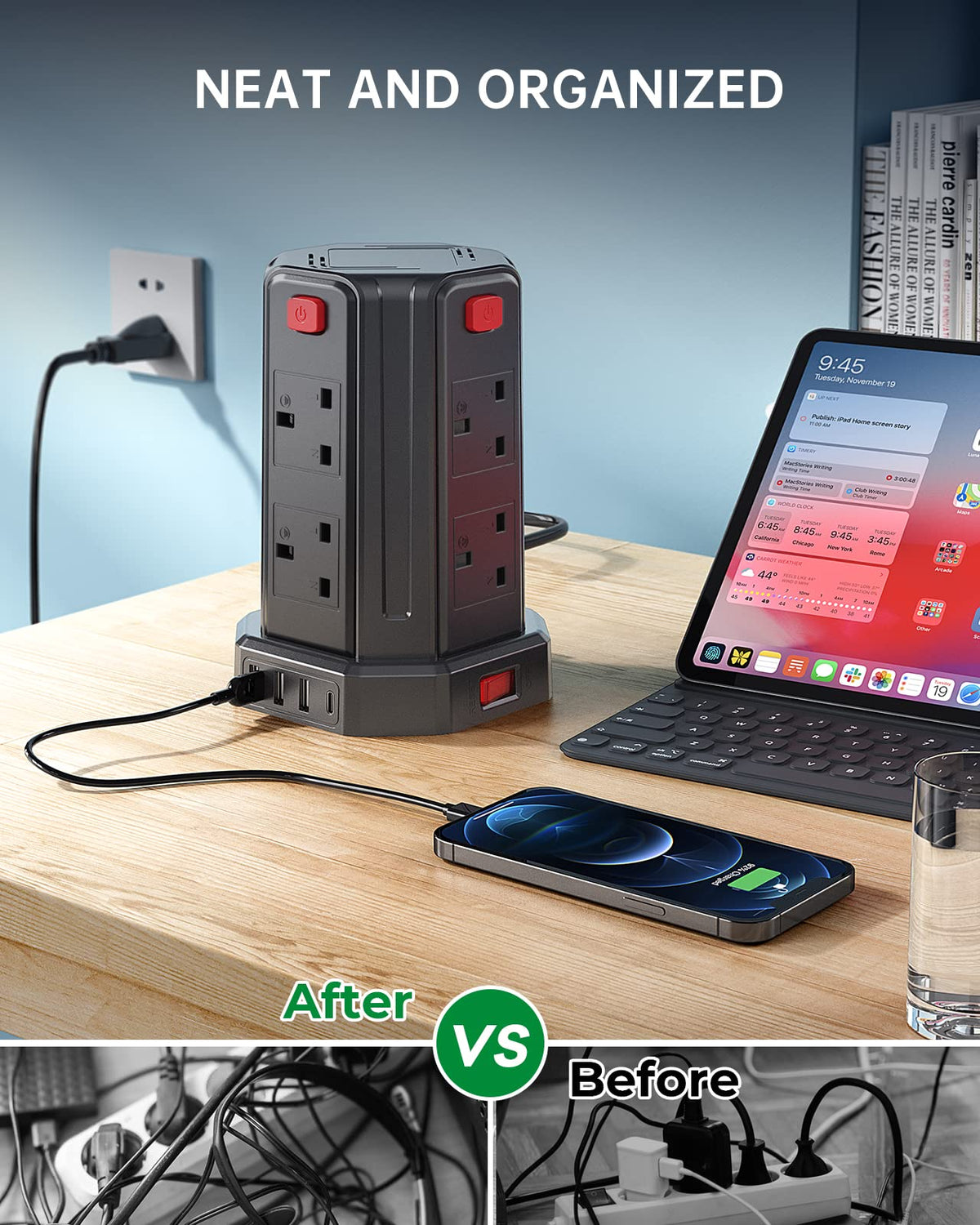 Tower Extension Lead 3M, 8 AC Outlets and 4 USB Ports Extension Tower