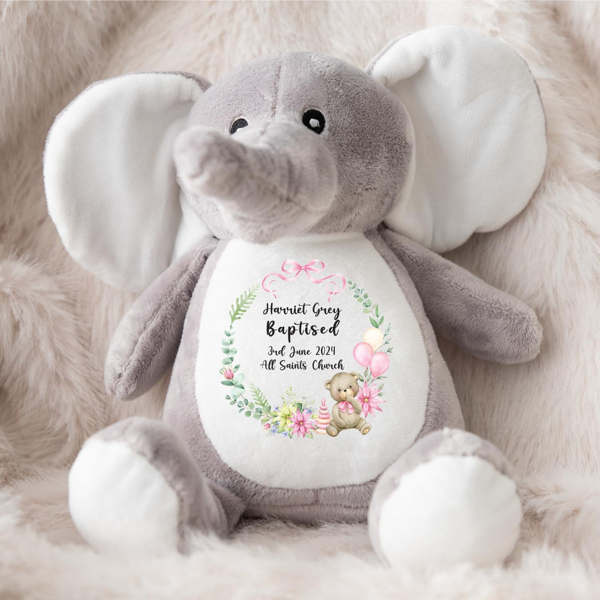 Crafted Memories - Personalised Bunny Rabbit | Custom Name & Date | Christening & Baptism Keepsake | Baby Girl & Boy | Soft Grey, White | Ideal 1st Birthday Present