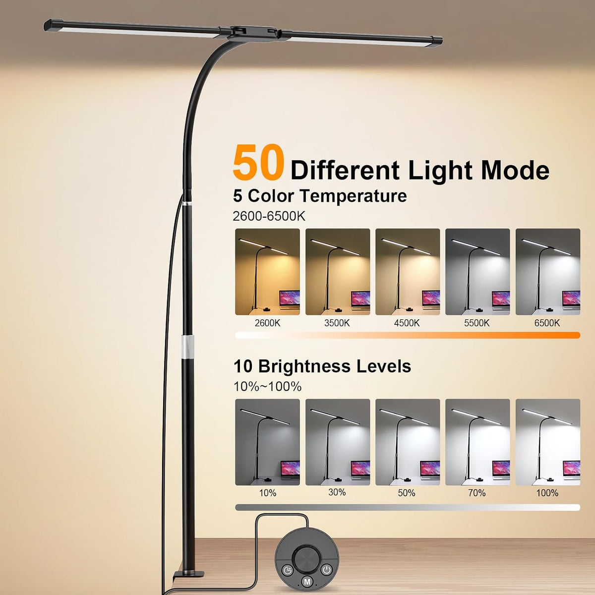 Woputne Dual Head Led Desk Lamp with Clamp for Home Office Study, 24W,Black