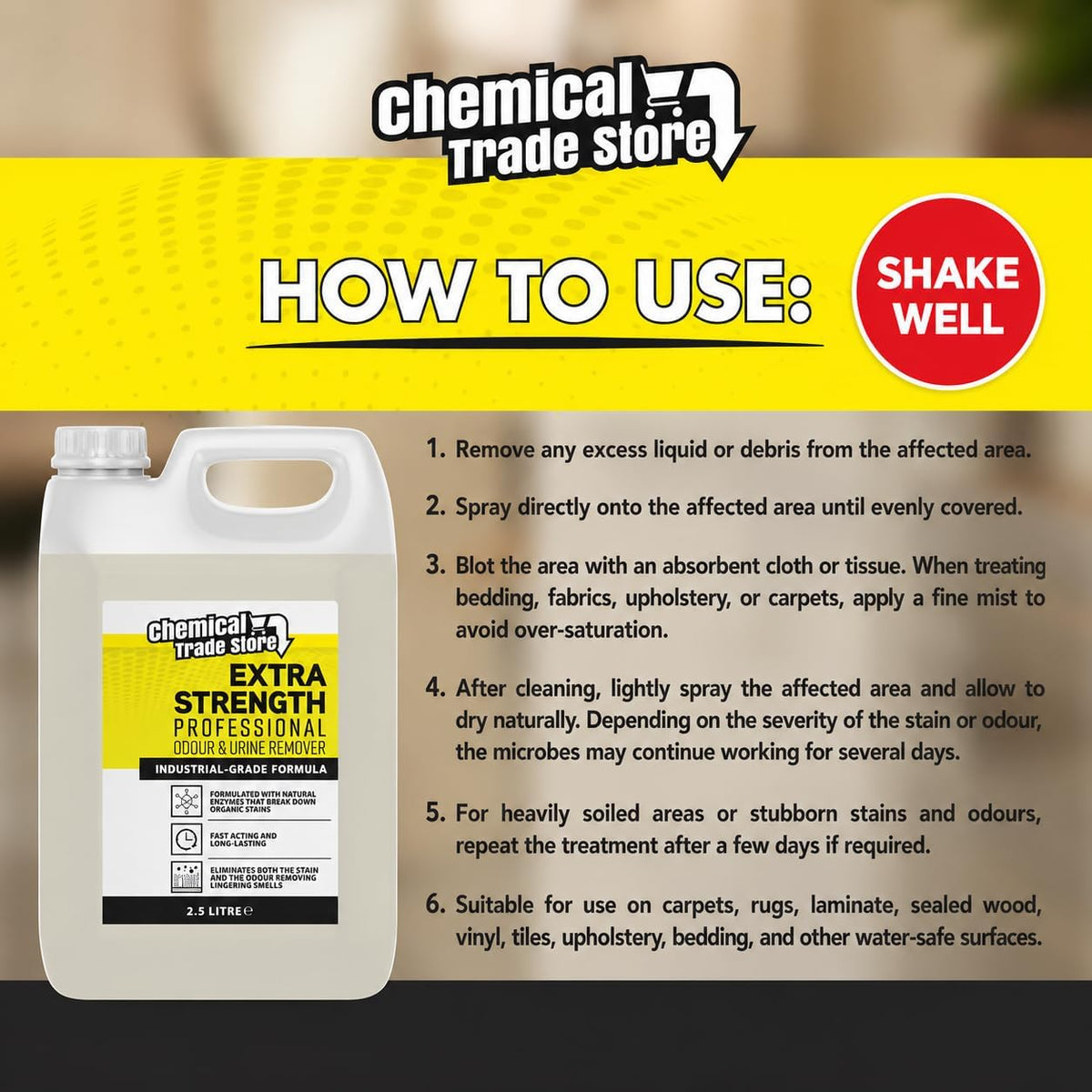 Enzyme Odour & Urine Remover 2.5L - Professional Pet Stain & Smell Eliminator - Safe for Carpets, Upholstery & Hard Floors