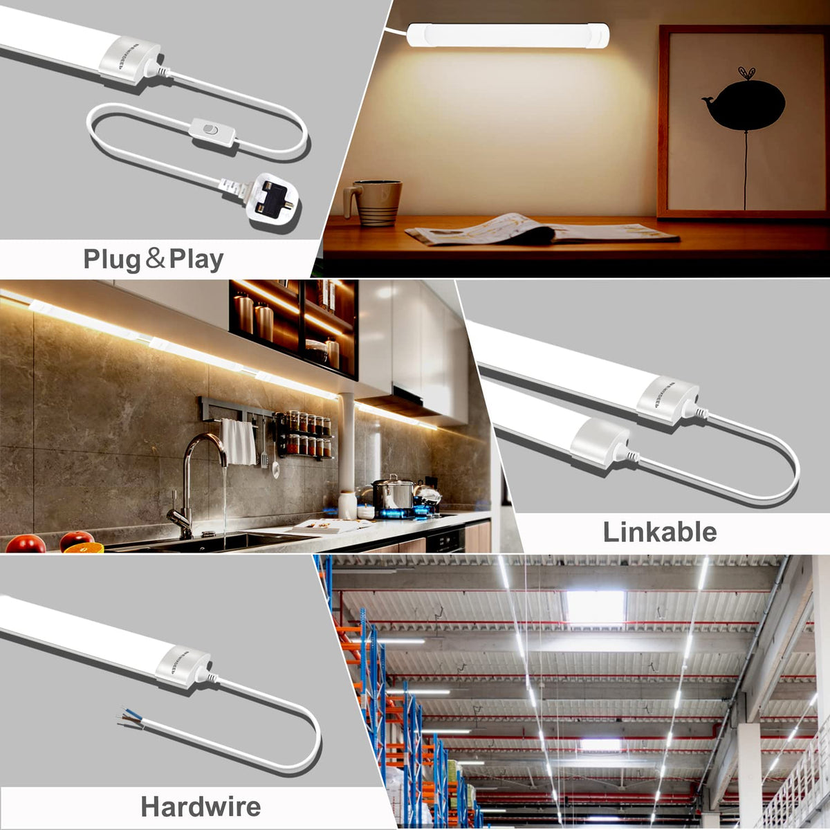 Plug and Play LED Batten Light 4ft with 3m Cable, 36w, 6500K