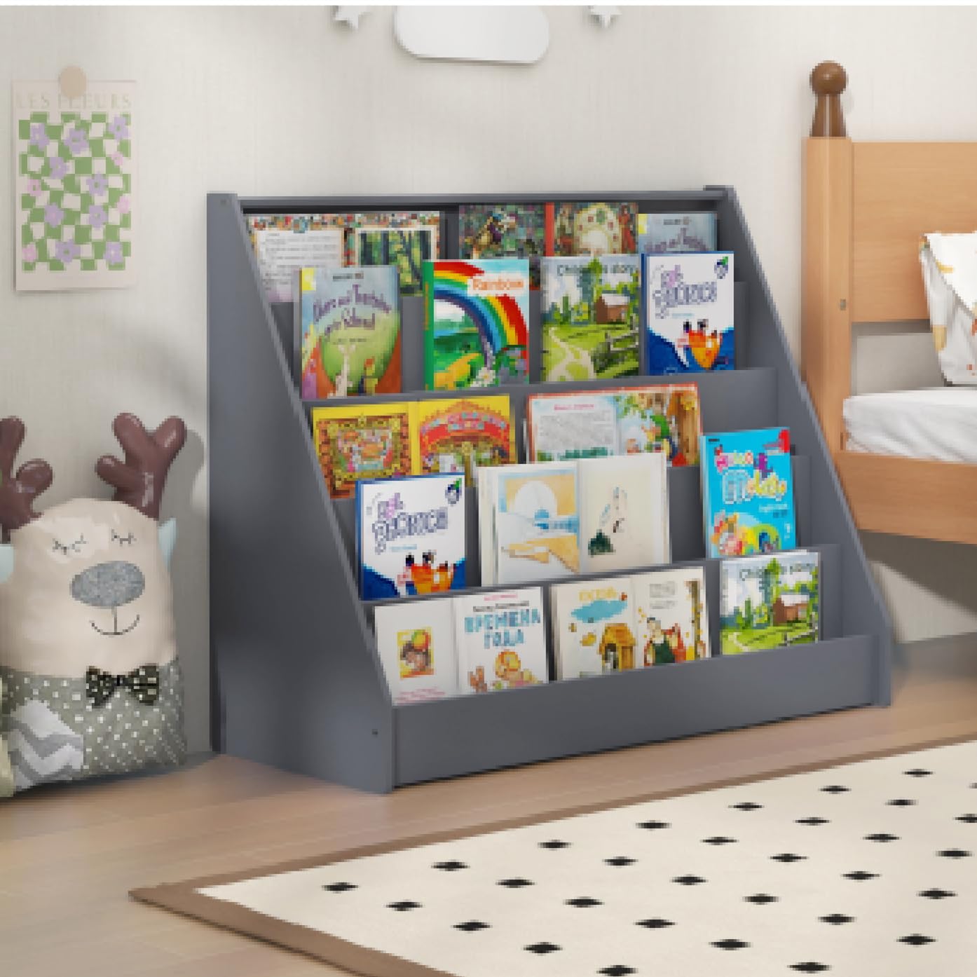 COSTWAY Wooden Kids Bookshelf, 5 Tier Children Bookcase with Deep Compartments, Back Storage Space, Front-Facing Books Display Rack for Playroom, Daycare, Kid’ Room (Rustic Brown)
