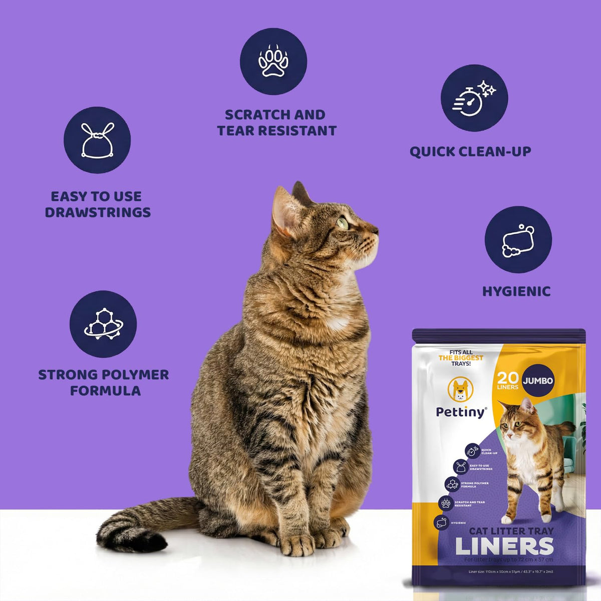Pettiny 20 XL Cat Litter Tray Liners with Drawstrings Scratch Resistant Bags for Extra Large Litter Box