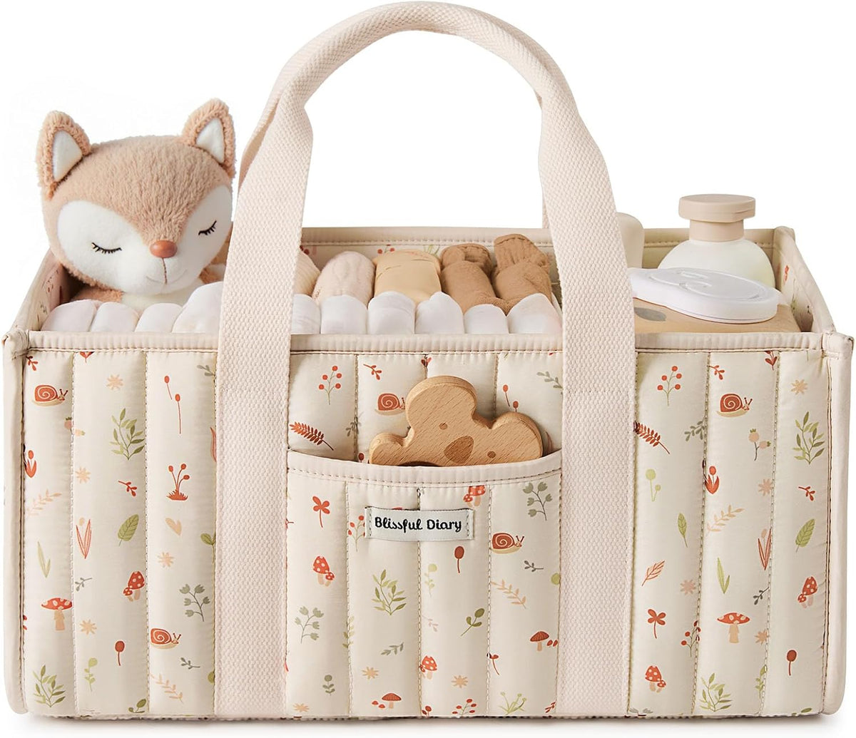 Blissful Diary Nappy Caddy Organiser, Baby Diaper Caddy for Nappy Station, Stylish Storage Basket for Newborn Essentials, Baby Shower Gifts for Girl or Boy, Woodland Cream