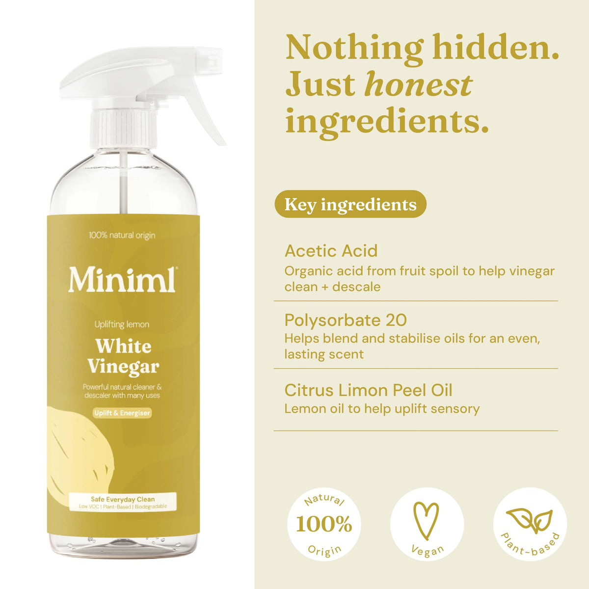 Miniml Eco White Vinegar Cleaning Unscented 750ml - All Natural Multi-Surface & Multi-Purpose Cleaner, Limescale Remover, Laundry Softener & More - 100% Vegan & Cruelty Free