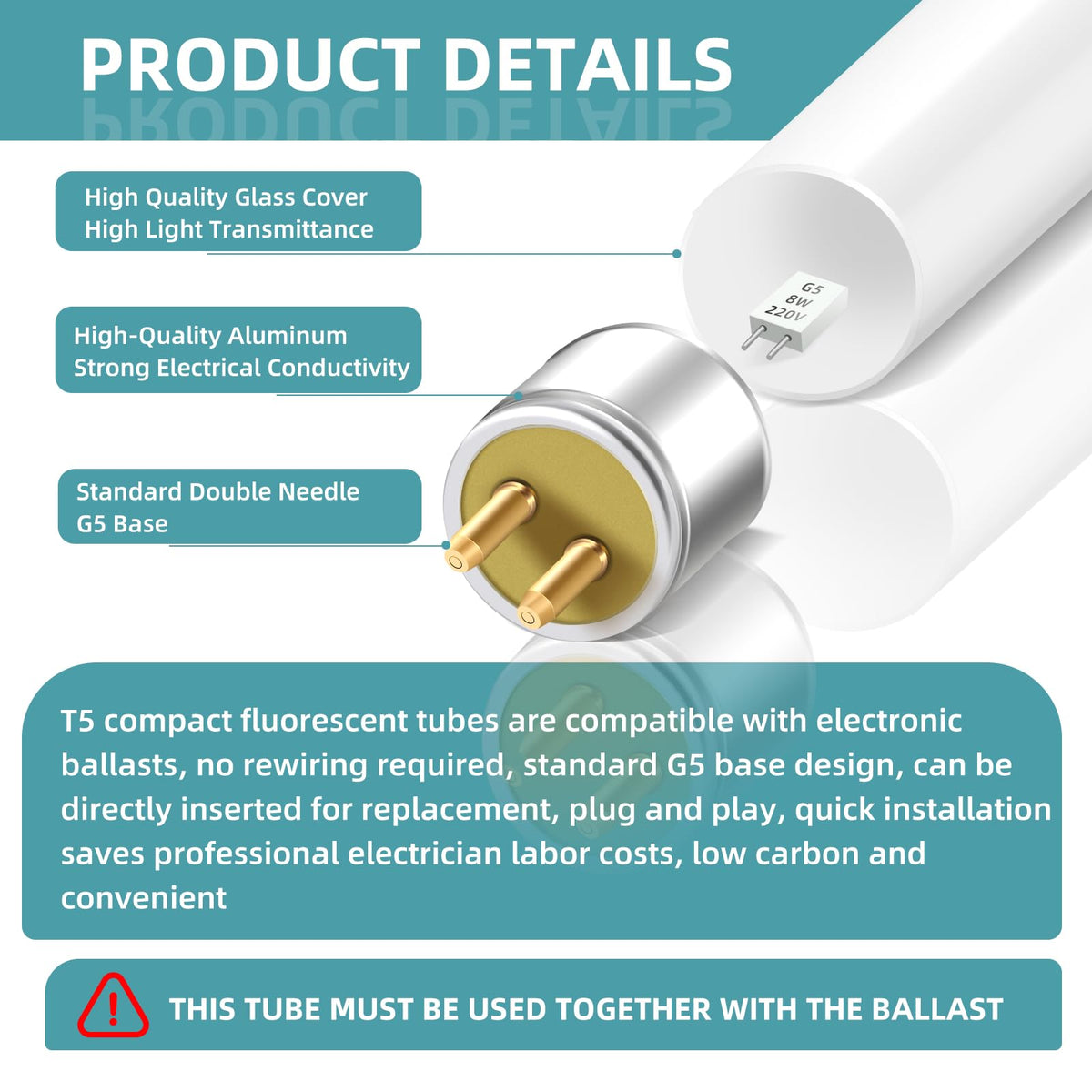 2 Pack 8W Fluorescent Tube, Size 300mm, T5 Warm White 3000K, 560LM, G5 Base Low Energy Consumption Tube Light, Emergency Energy Saving Light, Suitable for Kitchen, Bathroom, Cabinet, Garage