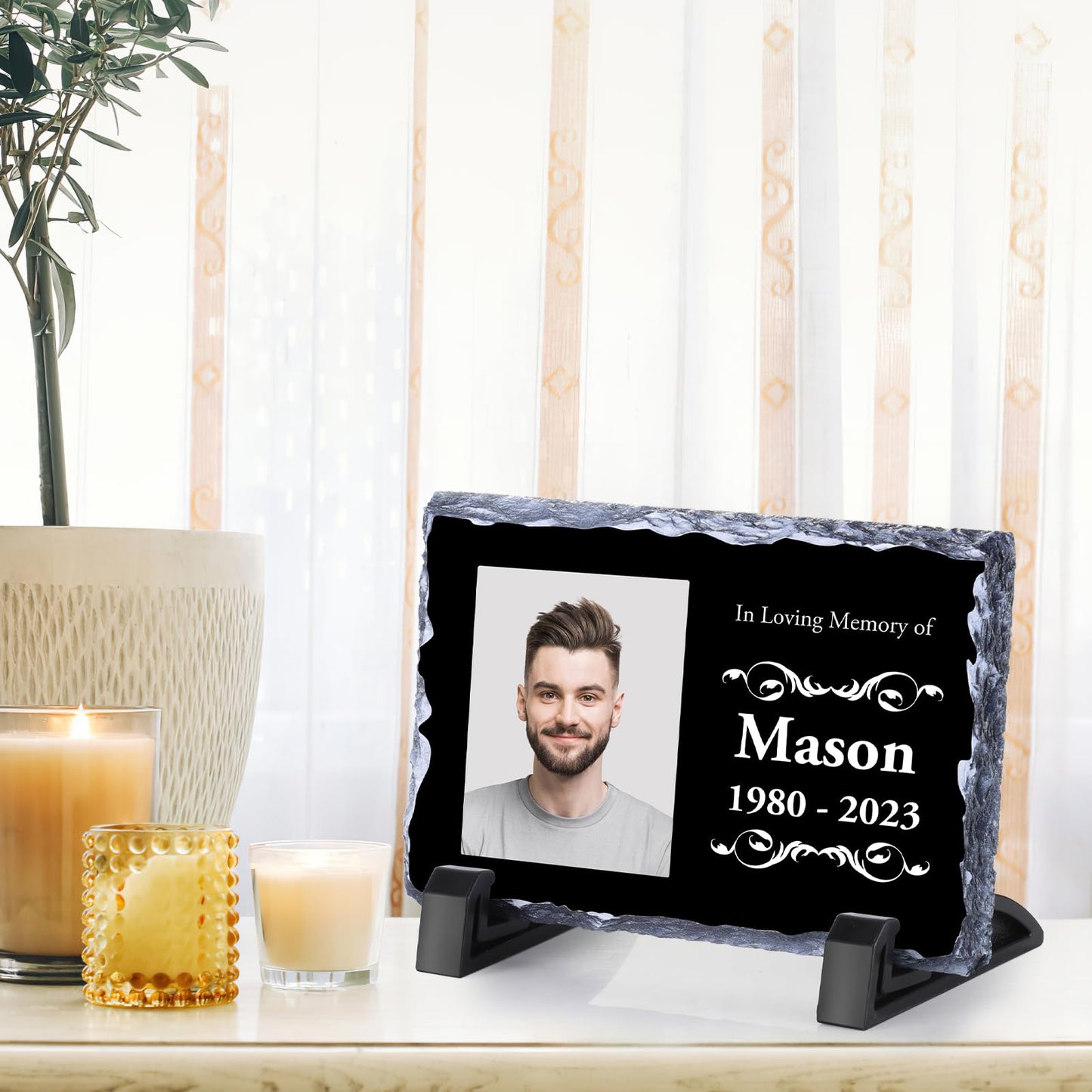Personalised Memorial Plaque, Custom Rock Slate Frame with Photo Text, Customised Memorial Gifts for Loss of Loved One, Cemetery Decorations for Grave