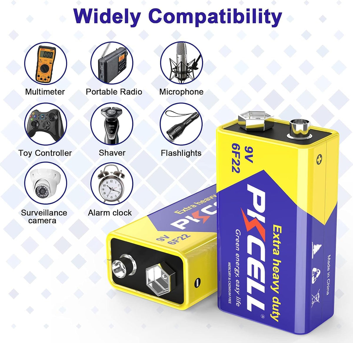 PKCELL 9V Battery, Block Battery, 6F22 Batteries for Smoke Detector, Radio Camera, Toy, Pack of 2