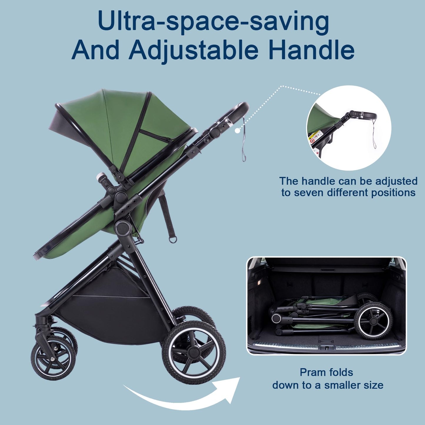 Baby Stroller 3 in 1,Travel Pushchair's Lie-Flat Pram is Foldable, Stroller System Handle is Adjustable, The Wheels are Made of PU Material, Suitable for 0-3 Years-Khaki