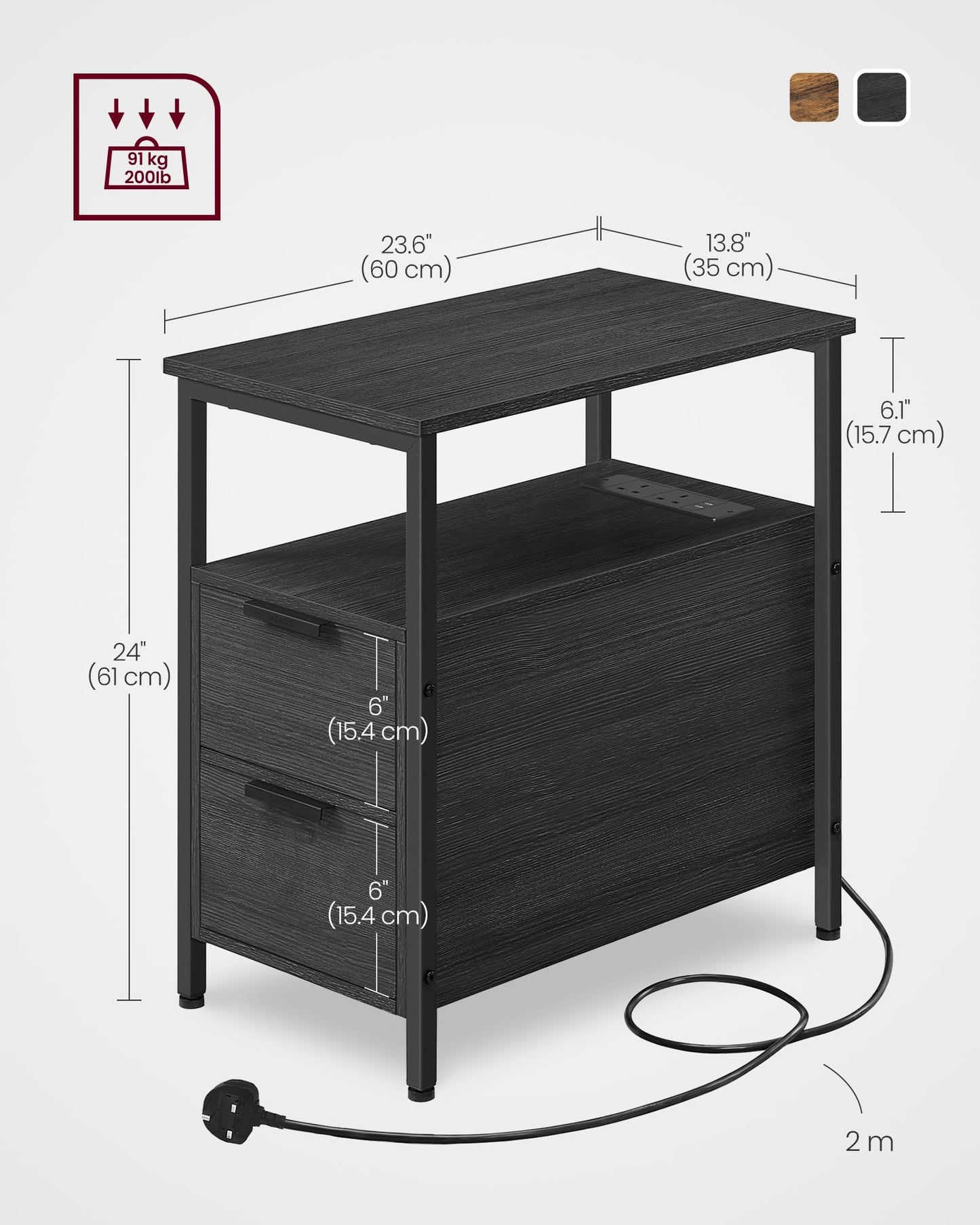 VASAGLE Slim Side Table with Charging Station, Narrow End Table with 2 Drawers, Bedside Table with Storage, for Living Room, Bedroom, Rustic Brown and Classic Black LET326B01
