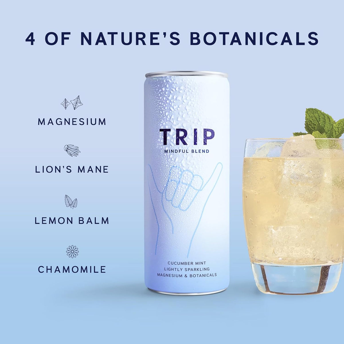 TRIP Cucumber Mint Sparkling drink with 120MG calming Magnesium + Lion’s Mane + Chamomile + Lemon Balm. Low Calorie and Vegan (Pack of 12 x 250ml) - Packaging Might Vary